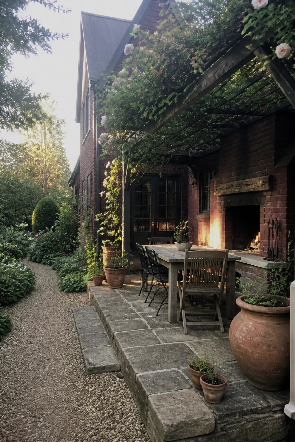 A burgundy brick house with a dark metal roof features a stone patio with a wooden dining table and chairs, a lit brick fireplace, a vine-covered pergola, and several terracotta pots.