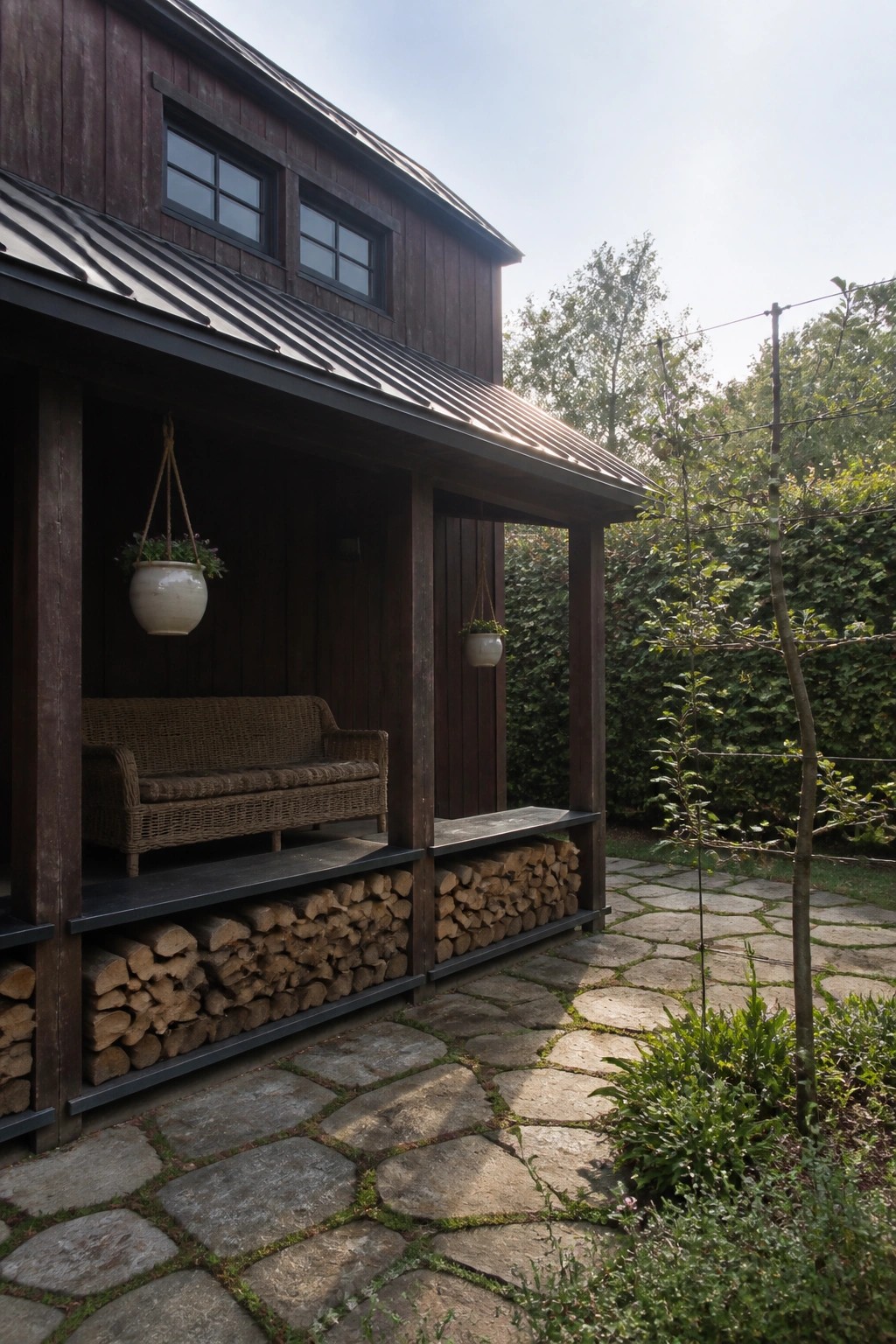 Dark wooden cabin porch with wicker sofa, hanging plants, stacked firewood, and stone patio.