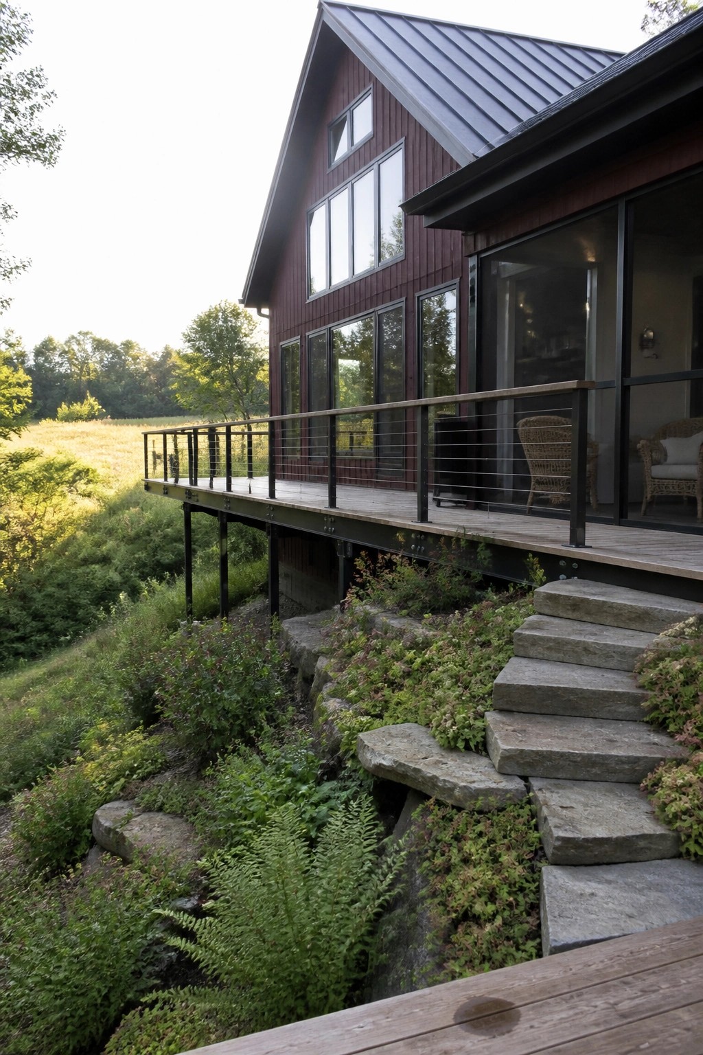 A two-story house with dark burgundy vertical siding, a charcoal standing-seam metal roof, and an elevated wood deck with black railings set against a wooded hillside.