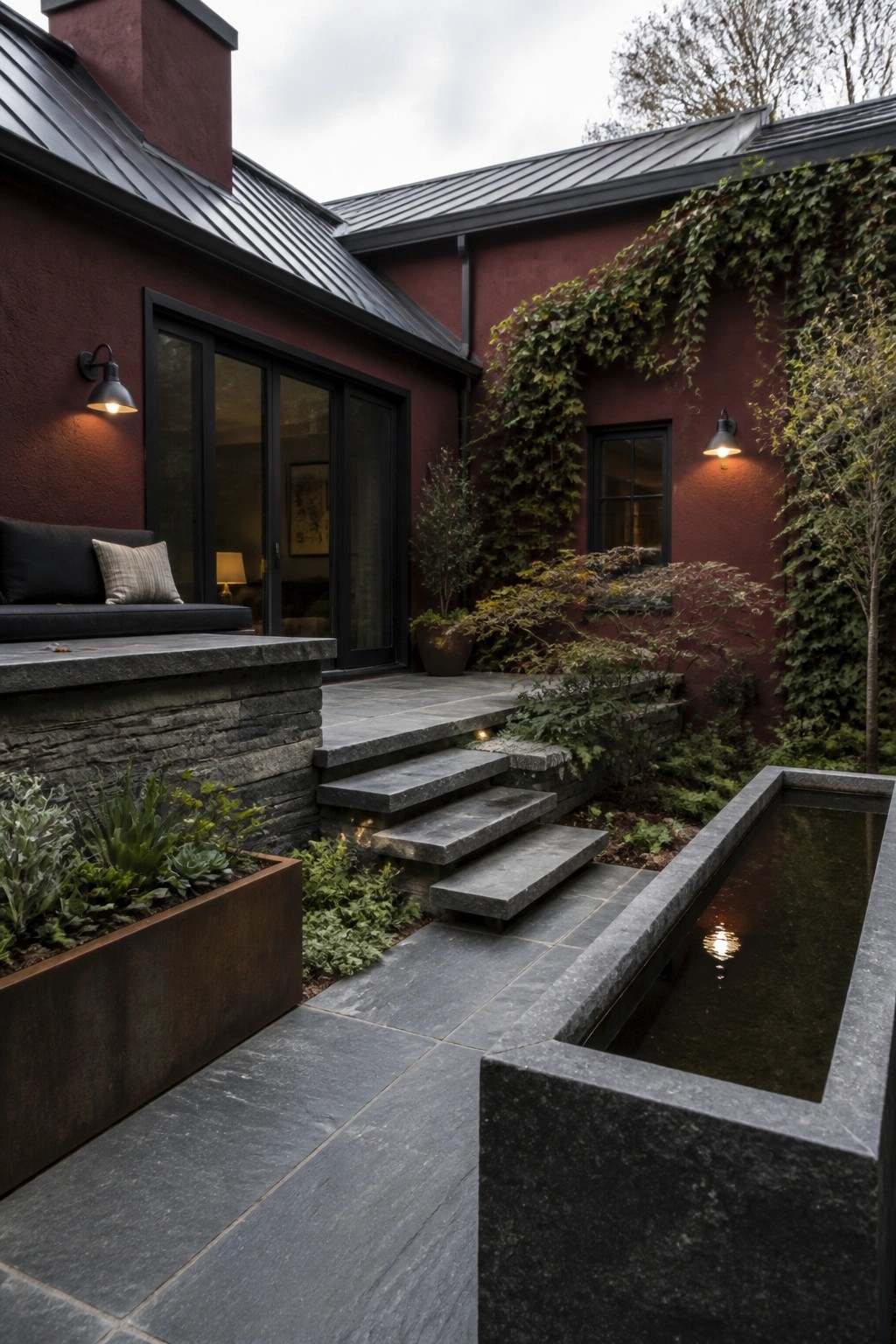 A burgundy house exterior with charcoal metal roofing, stone steps, a narrow water feature, and climbing vines on the wall.