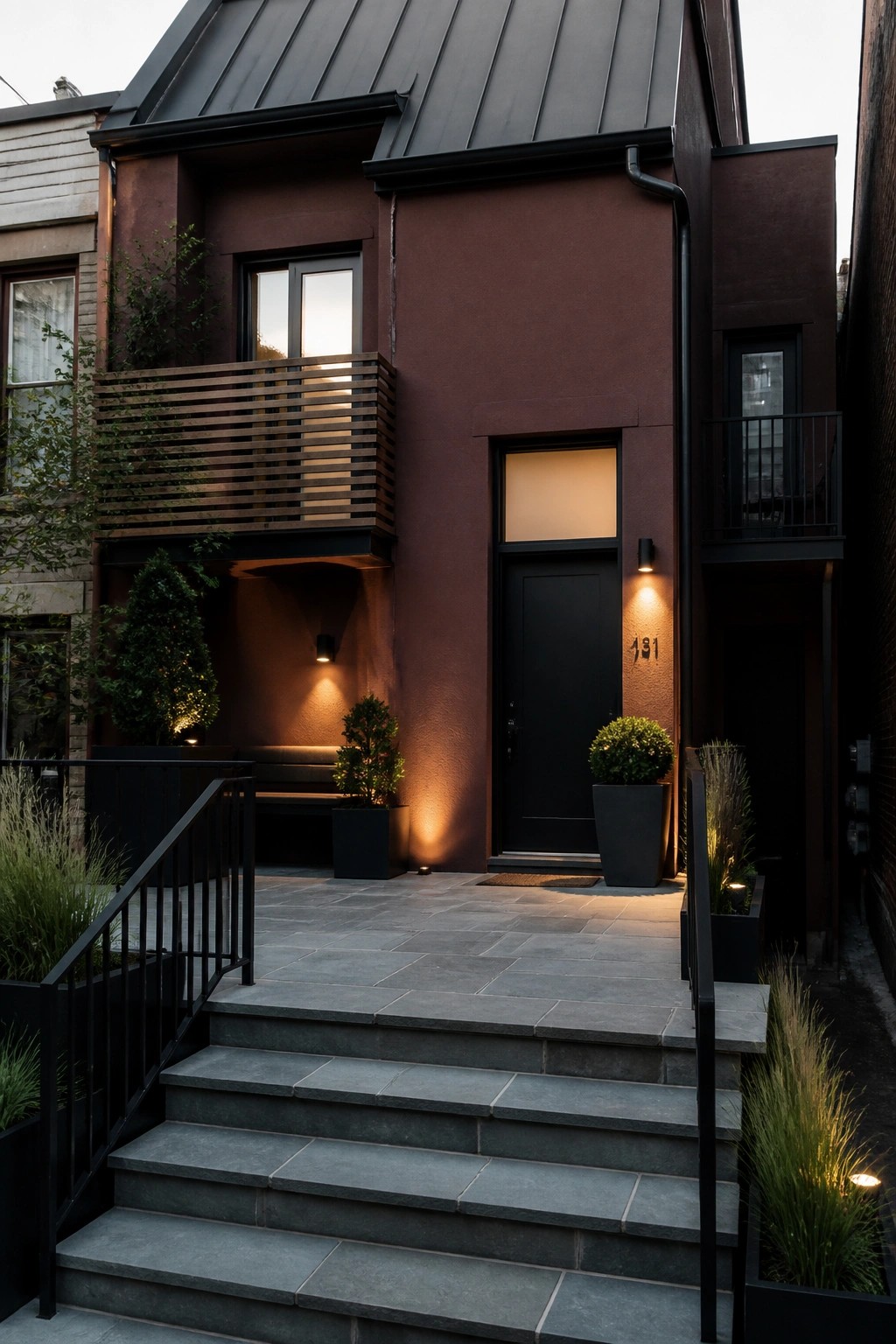 Modern burgundy townhouse with black door, wooden balcony, and lit stone steps.