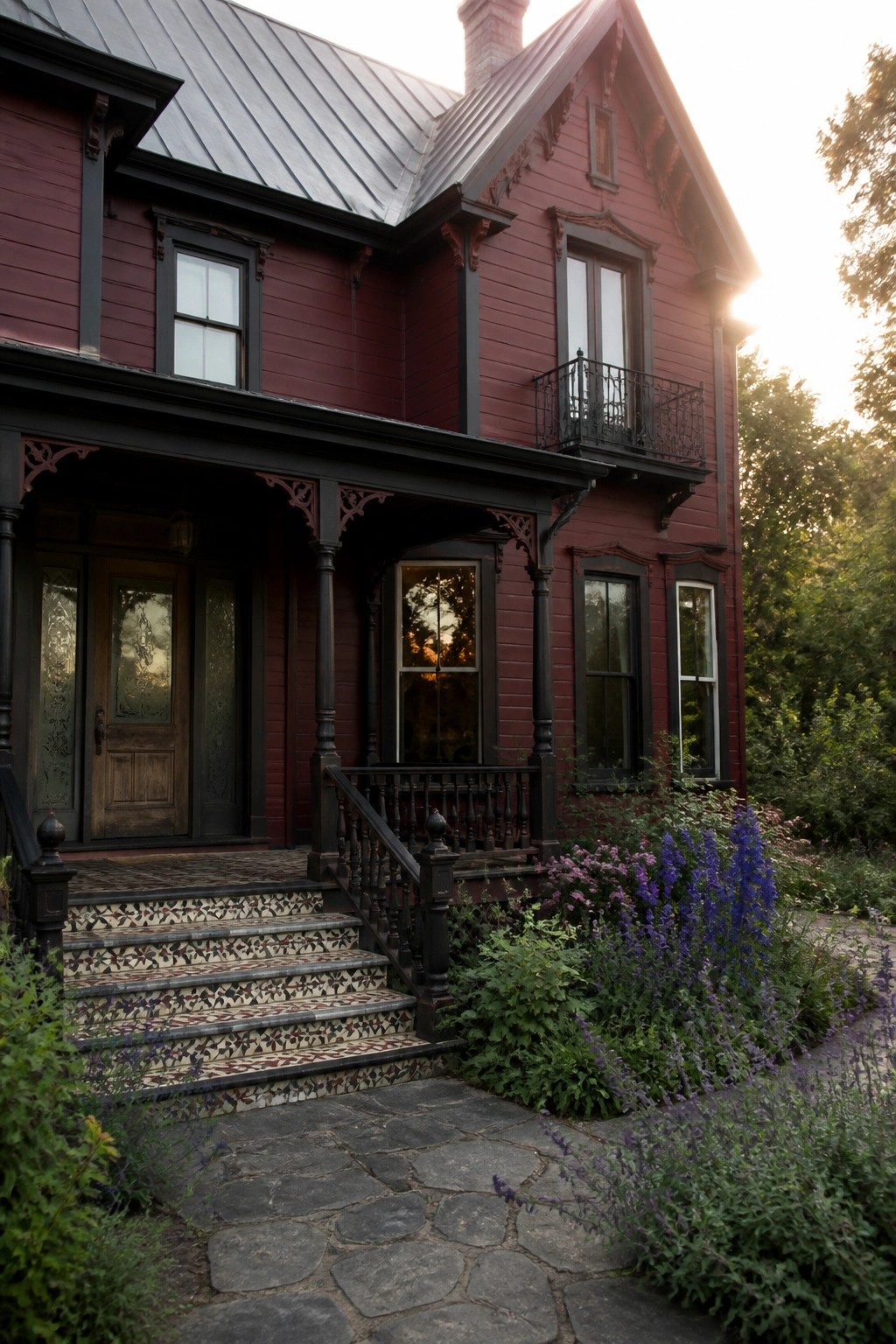 Red Victorian house with ornate black porch, mosaic stairs, stone path, and purple flowers.