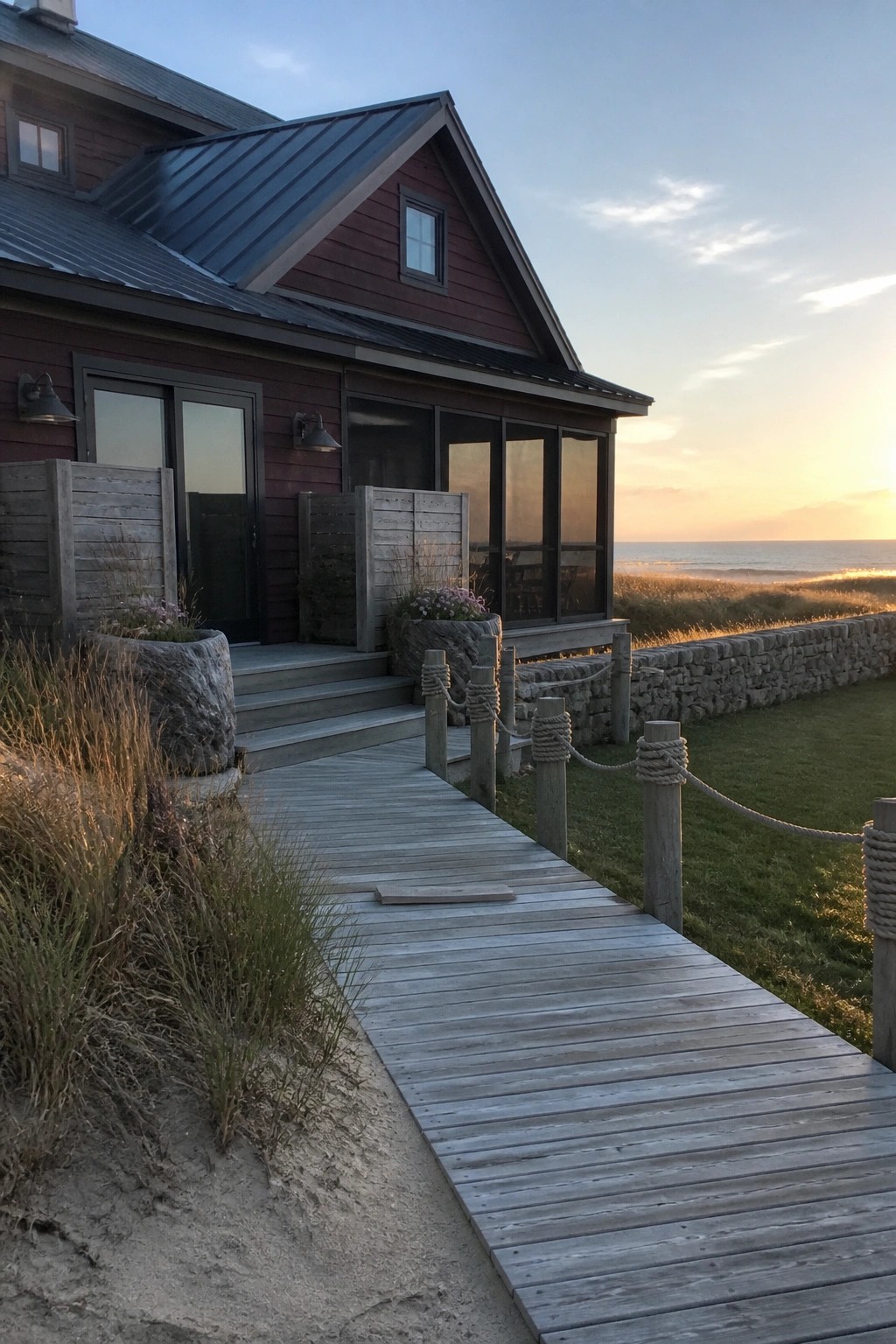 A dark red house with a charcoal metal roof seen from a wooden boardwalk beside sand dunes and the ocean at sunset.
