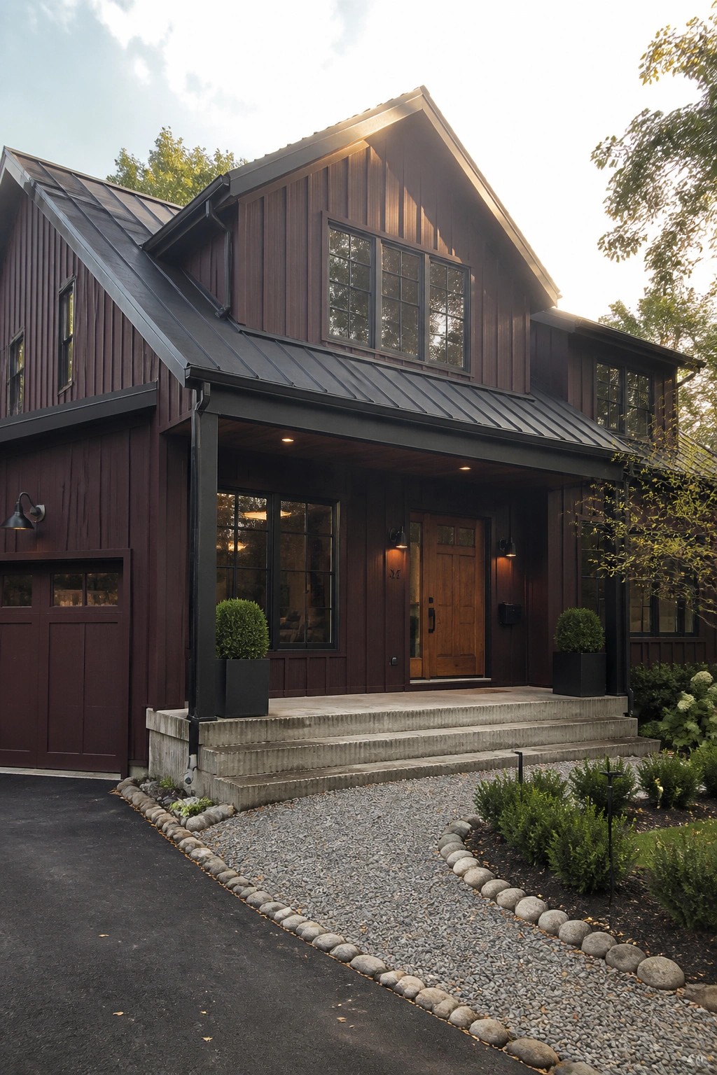 A two-story house with dark burgundy siding, a charcoal metal roof, and a covered porch with concrete steps leading to a wooden front door.