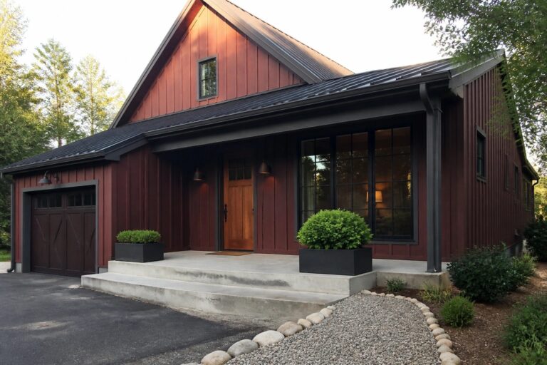 23 Moody Dark Burgundy House Exteriors Using Charcoal Metal Roofing A two-story house with dark burgundy siding, a charcoal metal roof, and a covered porch with concrete steps leading to a wooden front door.