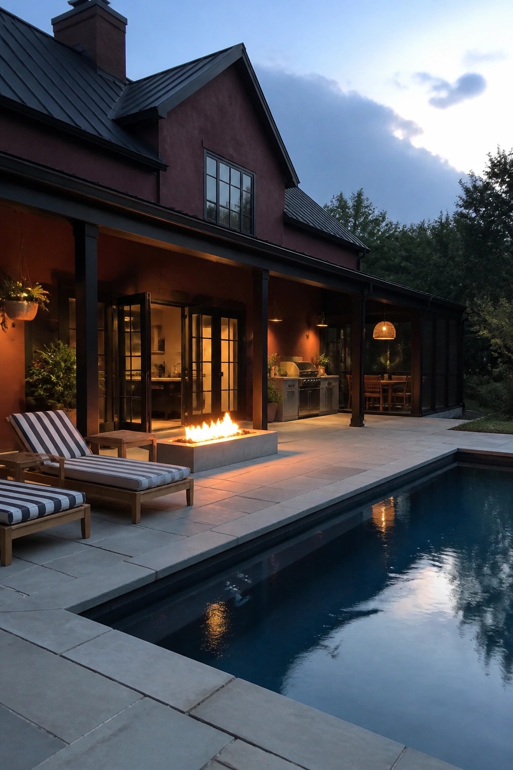 A dark burgundy house with charcoal metal roofing has a stone patio with a concrete fire pit, two striped lounge chairs, and an adjacent swimming pool at dusk.