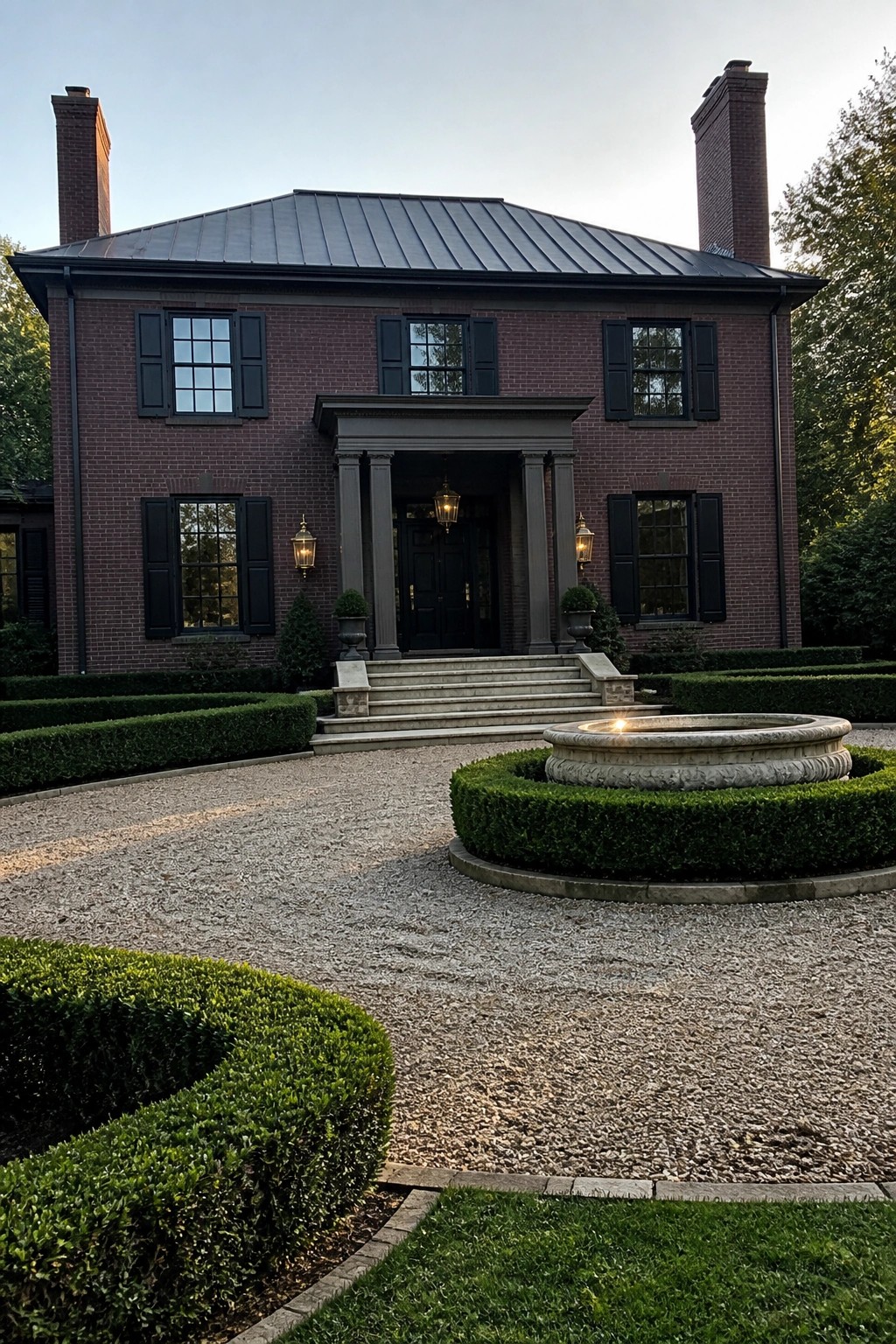 Brick mansion with black shutters, columned entrance, stone fountain, and gravel driveway at dusk