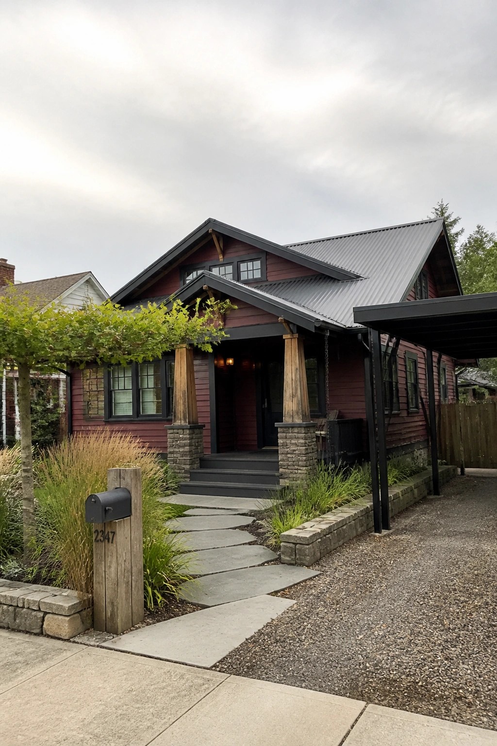 Red wooden house with metal roof, stone porch pillars, and gravel driveway.