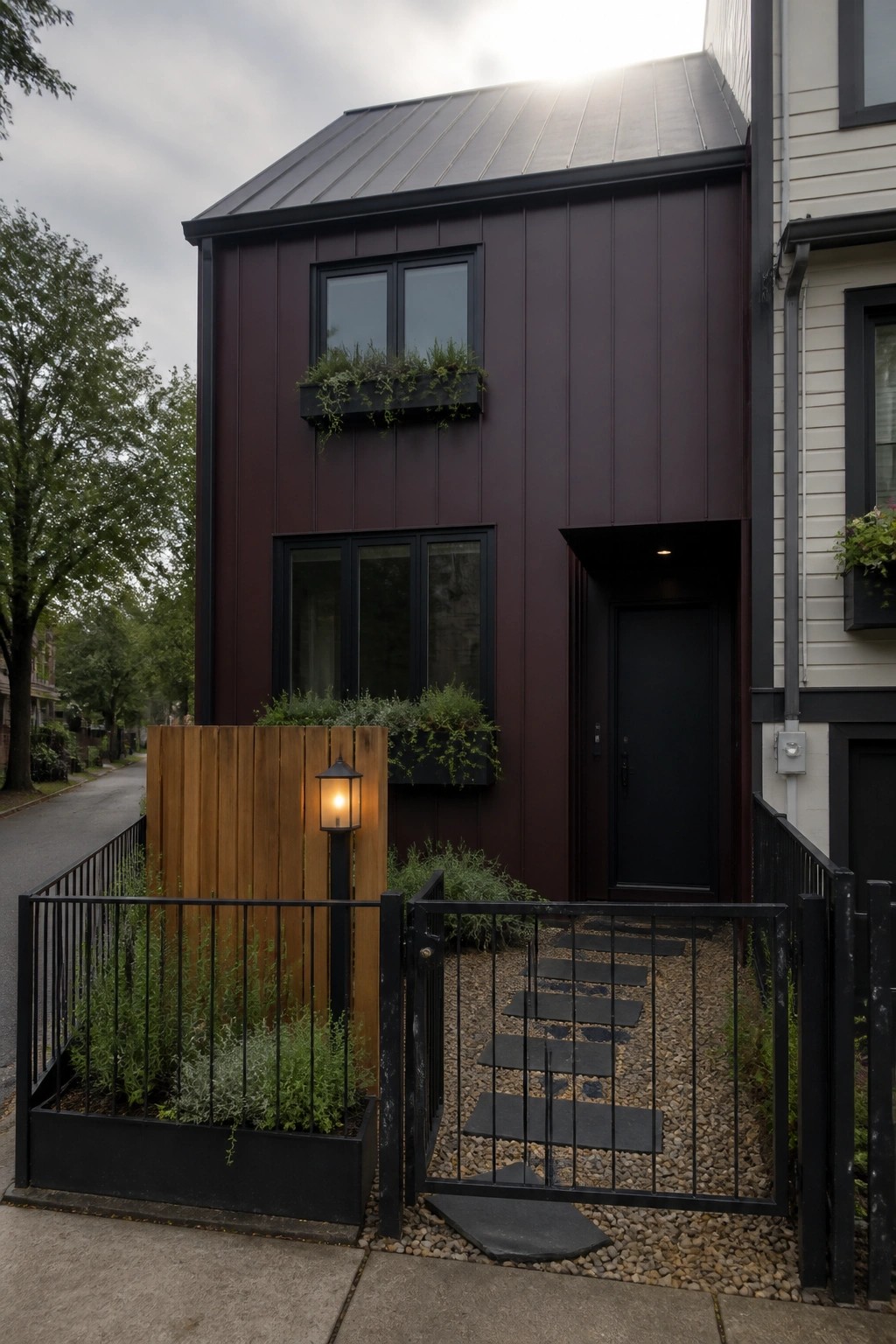 Modern burgundy house with black door, windows, gated gravel path and lantern.