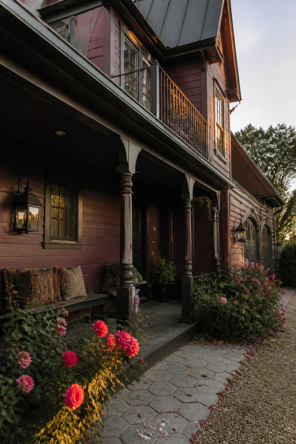 Rustic purple wooden house porch with pink roses and stone pathway at dusk