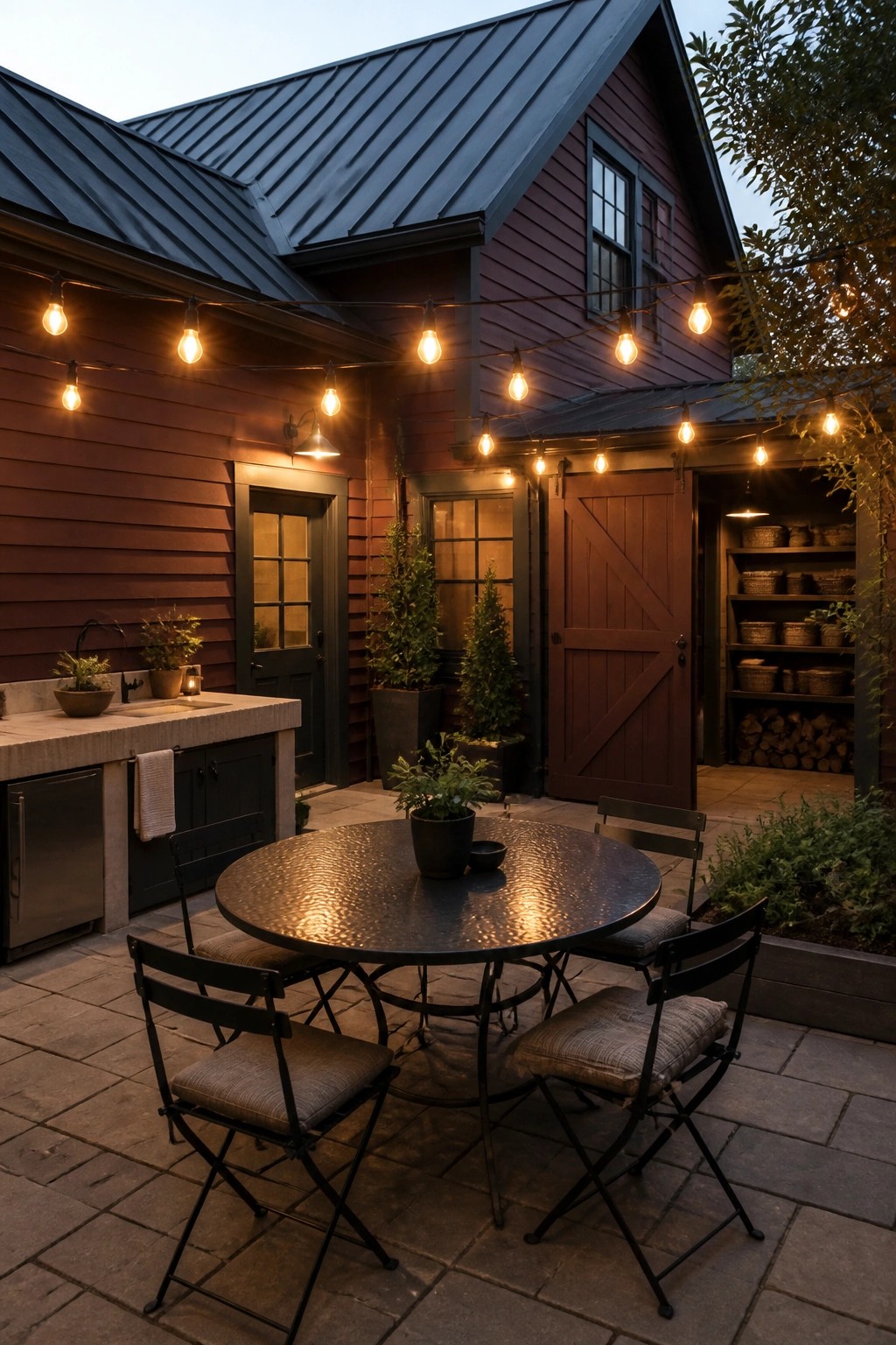 A round metal patio table with four chairs sits on stone pavers under string lights, next to a dark red house with a charcoal metal roof and open barn doors.