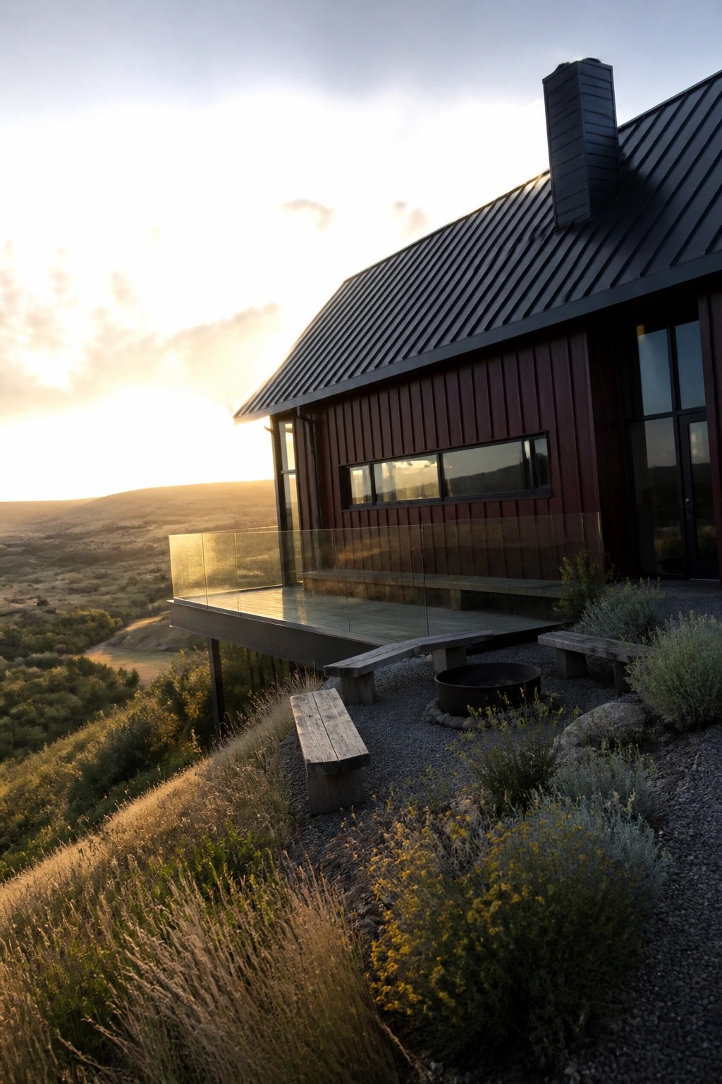 A modern house with dark red vertical siding and a charcoal metal roof has a cantilevered wooden deck with glass railings, a fire pit, and wooden benches on the gravel area below.