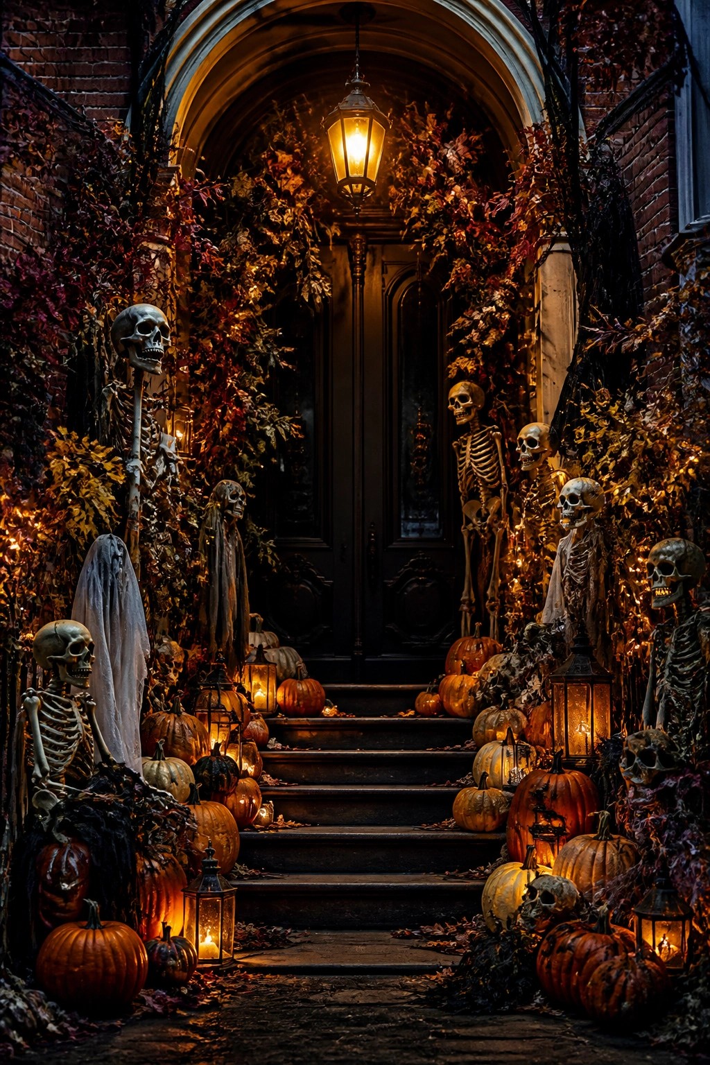Entryway steps lined with multiple standing and seated skeletons, skulls, pumpkins, and lanterns leading to a dark wooden door.