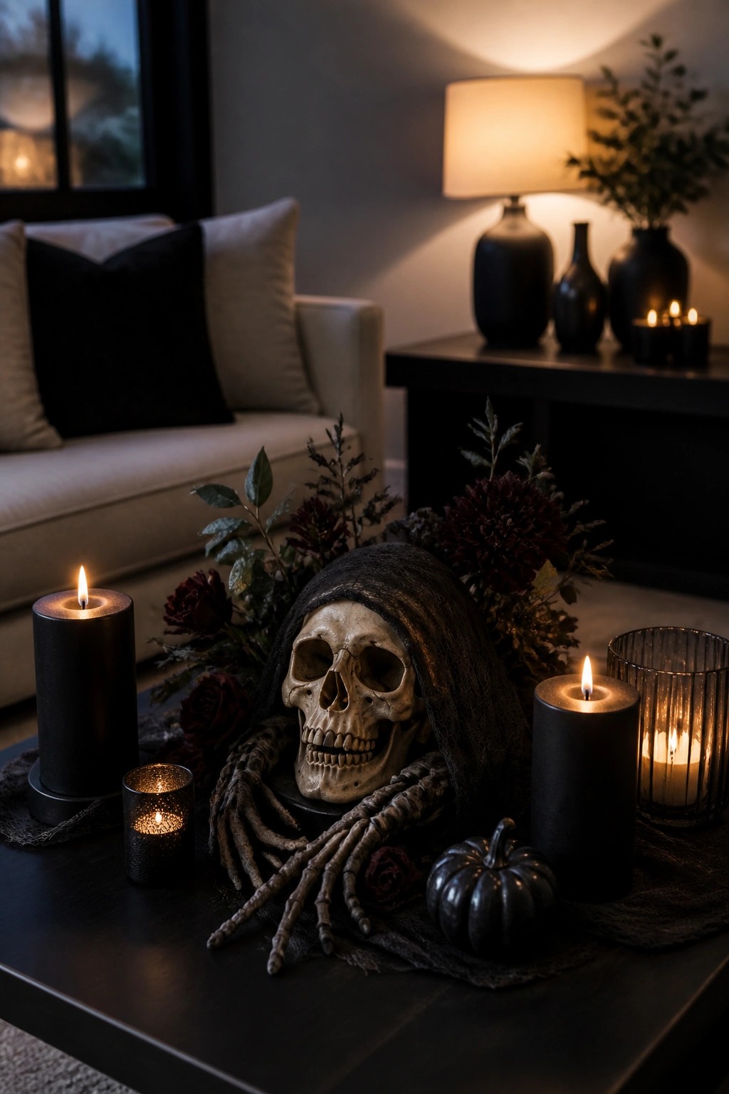 Skeleton skull draped in black fabric with skeletal hands positioned on a dark coffee table, surrounded by black candles and dark flowers in a living room setting.