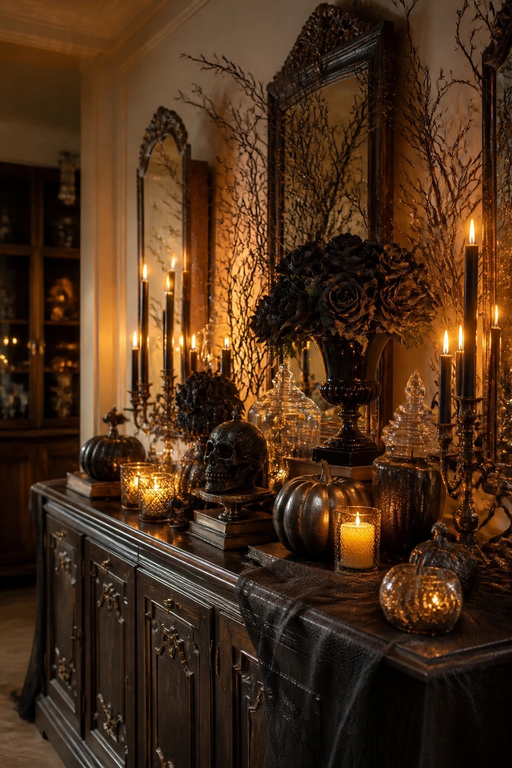 Dark wooden console table styled with a black skull, black branches, black roses, and lit candles for Halloween.