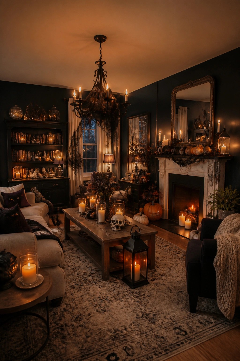 Living room with a human skull used as a centerpiece on a wooden coffee table surrounded by lit candles and lanterns.