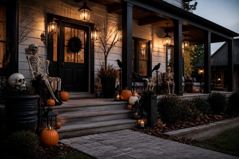 21 Bone-Chilling Scary Halloween Decorations to Shock Your Guests Spooky Halloween porch with glowing pumpkins, lanterns, and dark ghost figures at night.