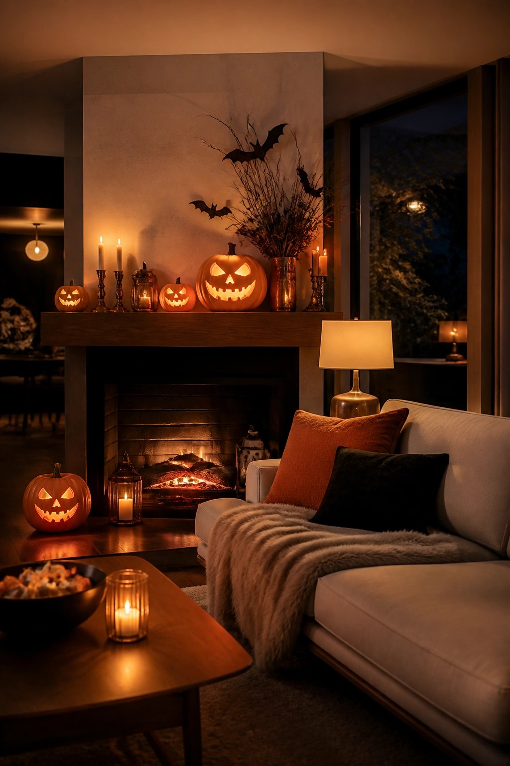 Cozy living room with glowing jack-o'-lanterns, lit candles, and burning fireplace.