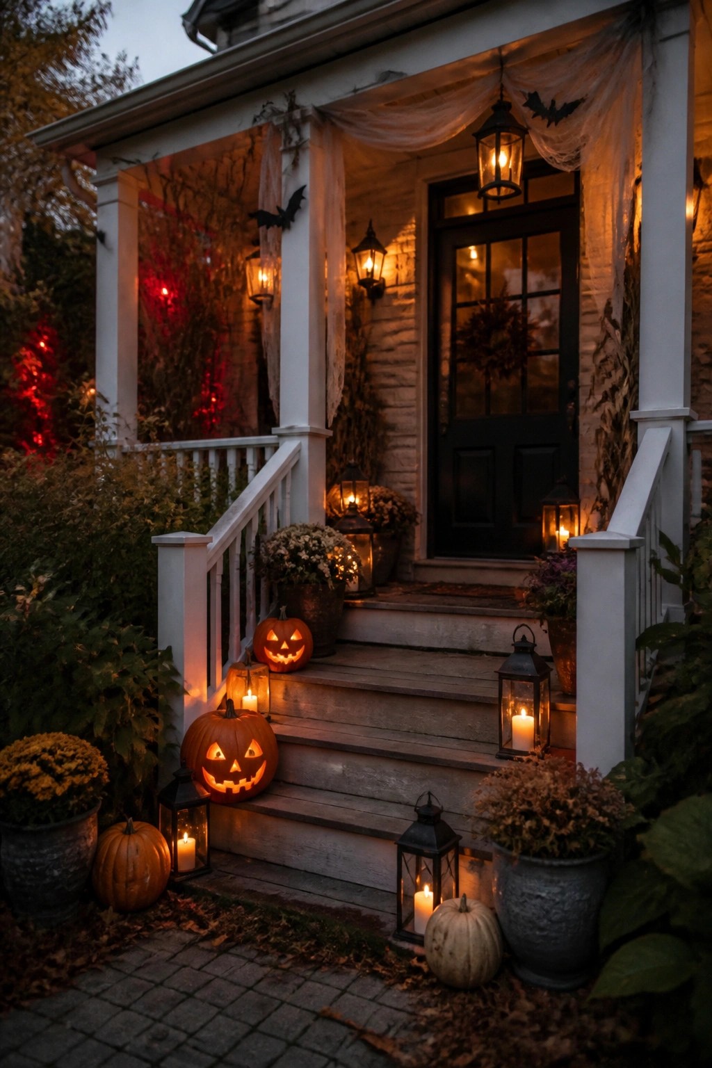 Halloween porch with glowing jack-o'-lanterns, lanterns, pumpkins, and spiderweb decorations on steps.