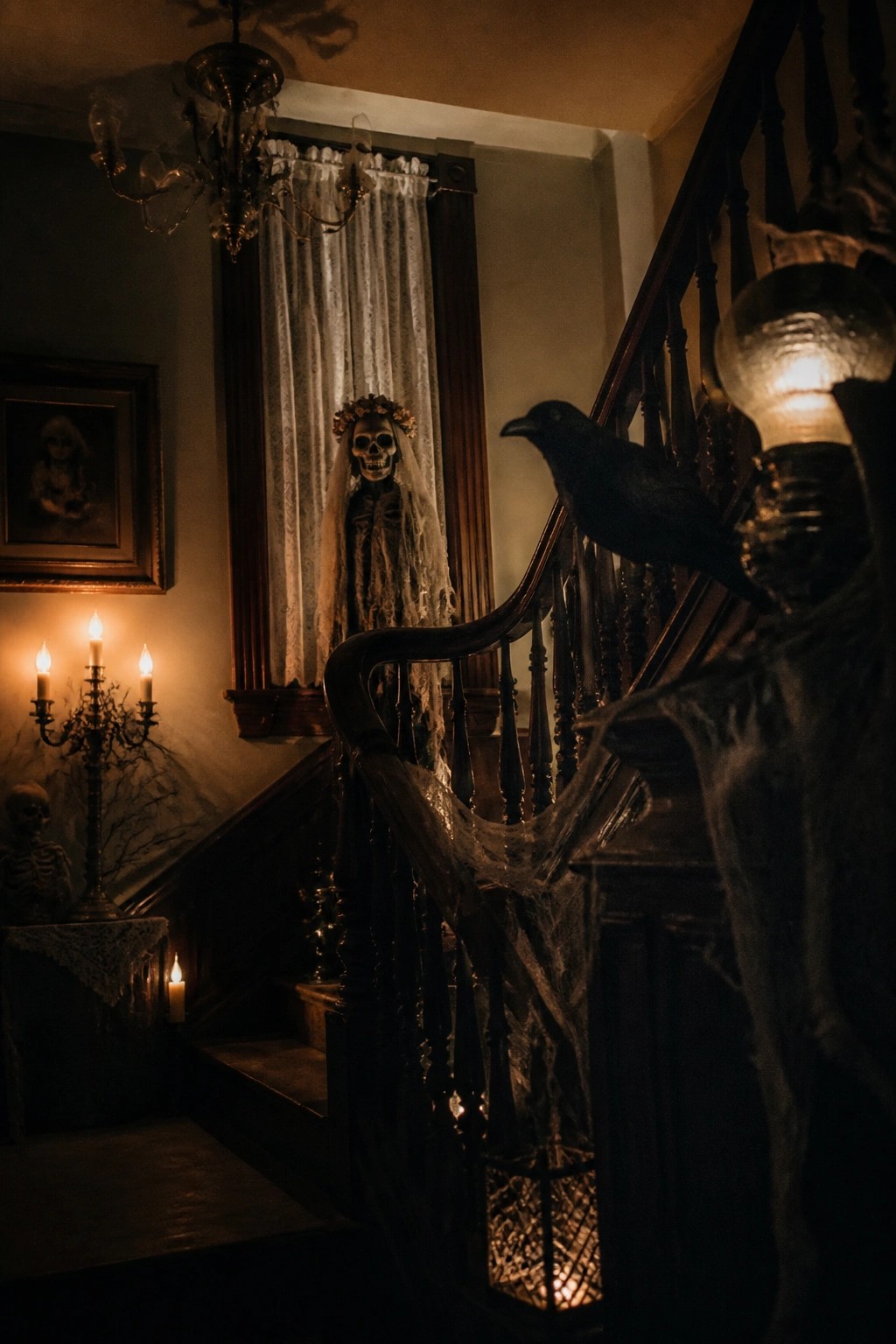 Dark wooden staircase with a skeleton in a veil and flower crown positioned near a window, a black crow perched on the railing, and spiderwebs draped along the banister.