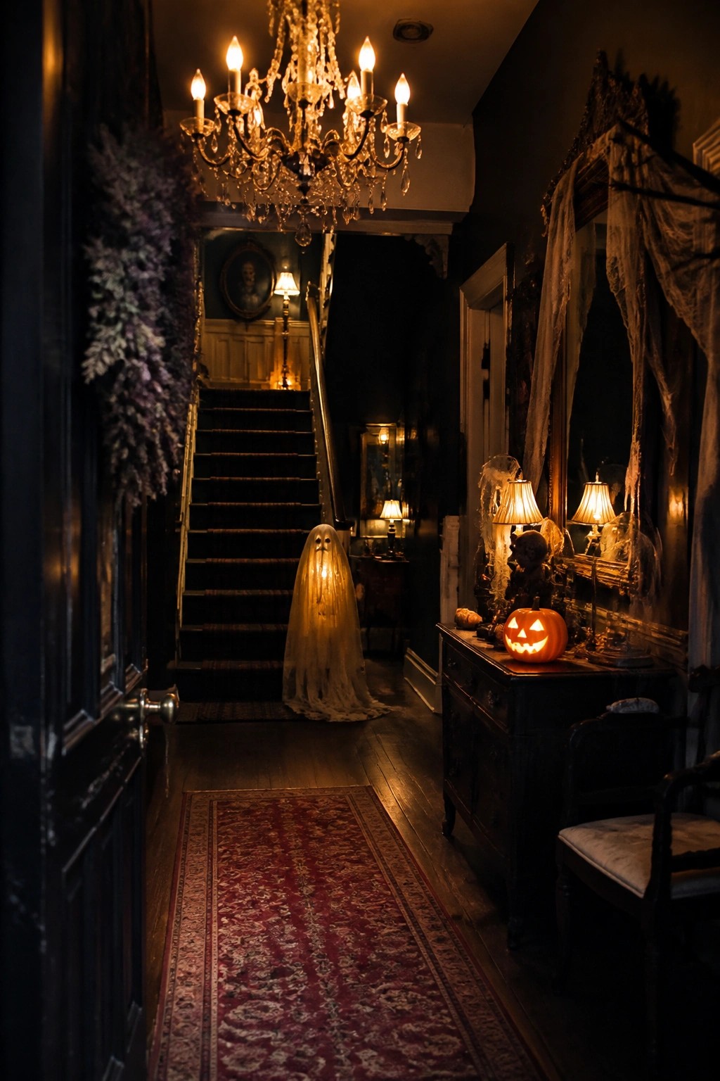 Entryway with dark walls showing a glowing ghost figure on the staircase and a carved jack-o'-lantern on a nearby console table.