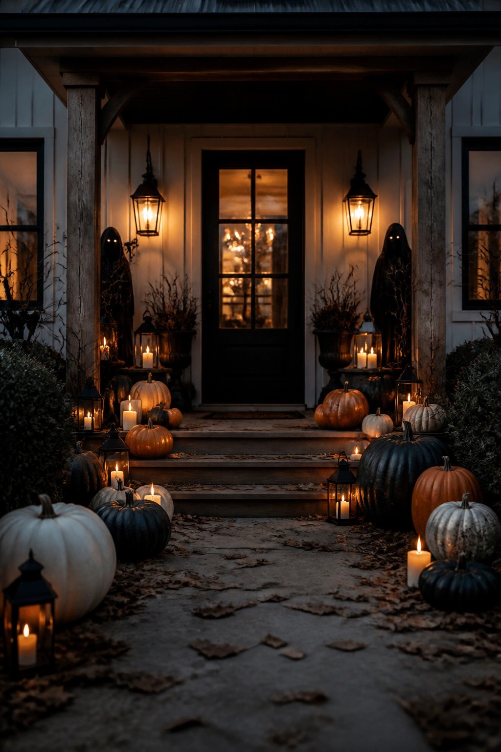 Spooky Halloween porch with glowing pumpkins, lanterns, and dark ghost figures at night.
