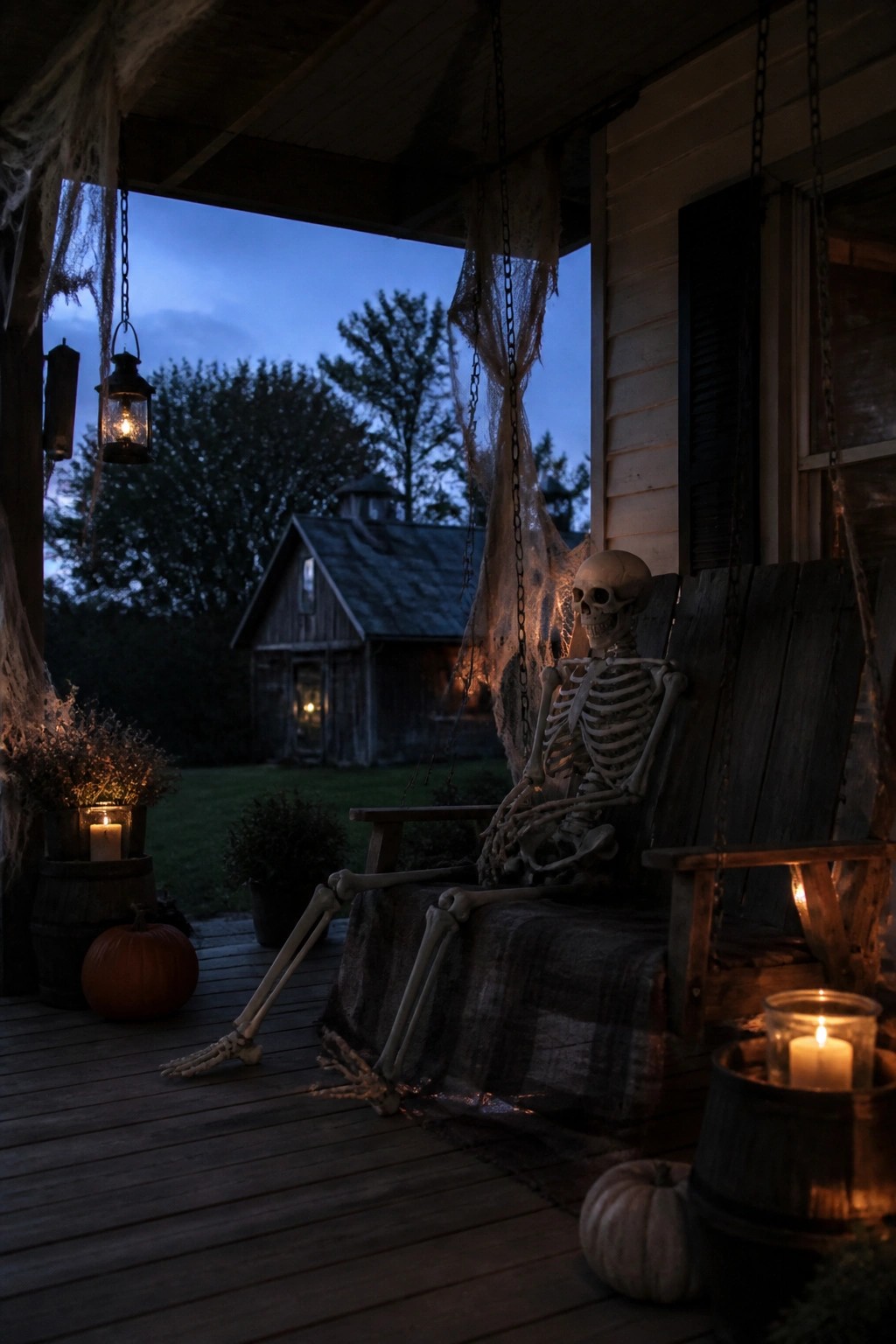 A skeleton seated on a wooden porch swing with cobwebs and lanterns on a front porch at dusk.