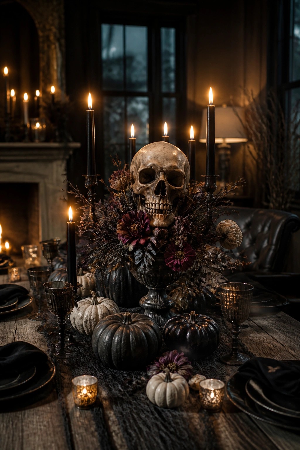 Dining table with a large skull centerpiece, black candles, dark flowers, and black pumpkins arranged for Halloween.