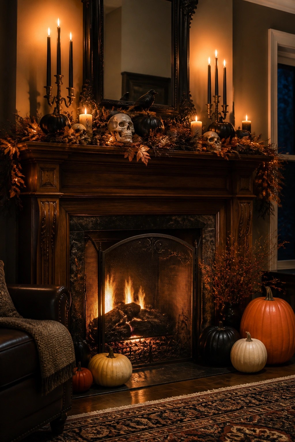 A dark wood fireplace mantel decorated with skulls, black crows, lit black candles, and black and orange pumpkins for Halloween.