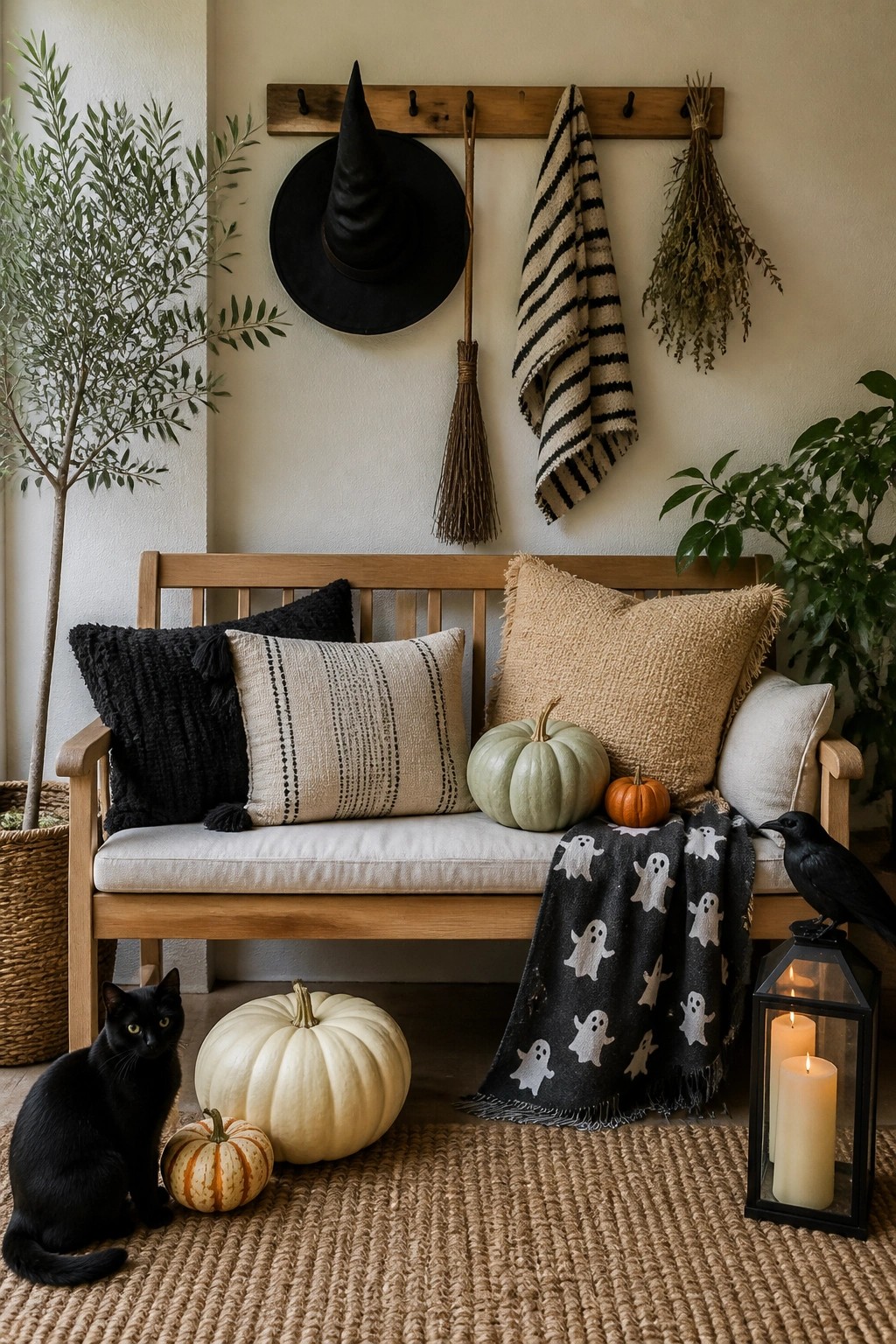 Wooden entry bench with ghost blanket, pumpkins, black cat, and crow beneath wall hooks holding a witch hat, broom, and dried herbs.