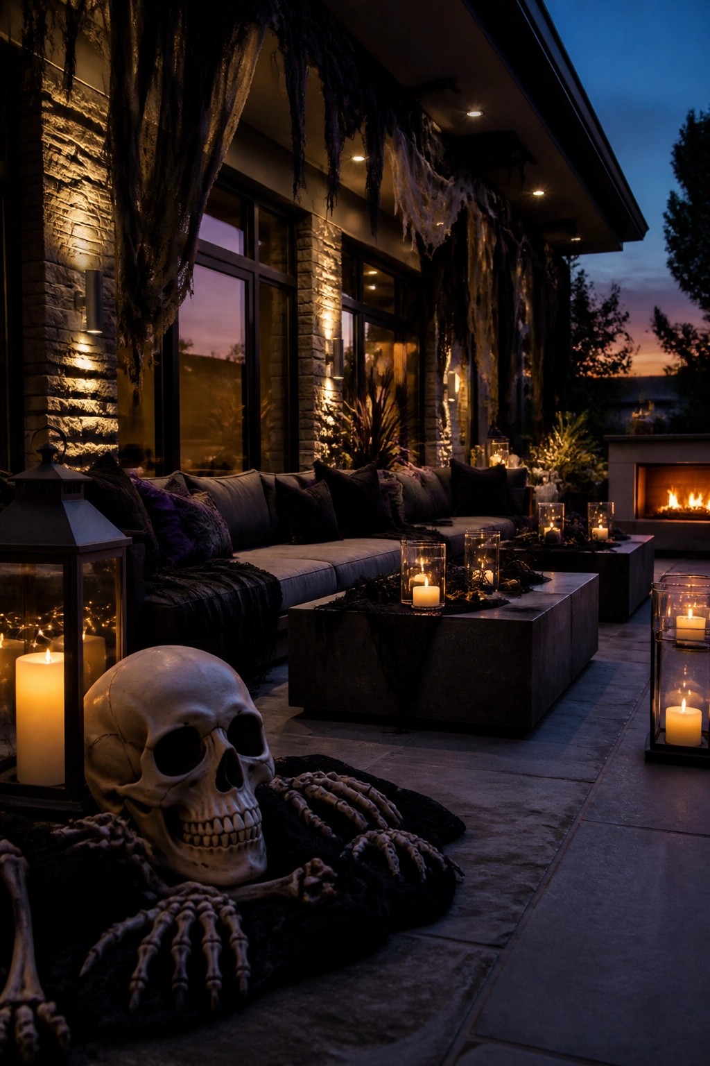 Skeleton amid glowing candles and lanterns on Halloween patio at dusk