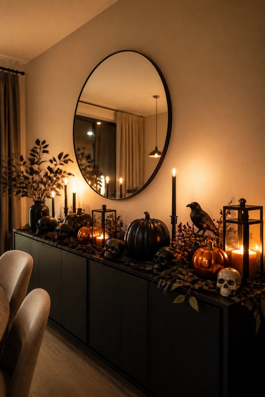 Console table styled with multiple skulls, black and orange pumpkins, a black crow, black candles, and lanterns under a round mirror.