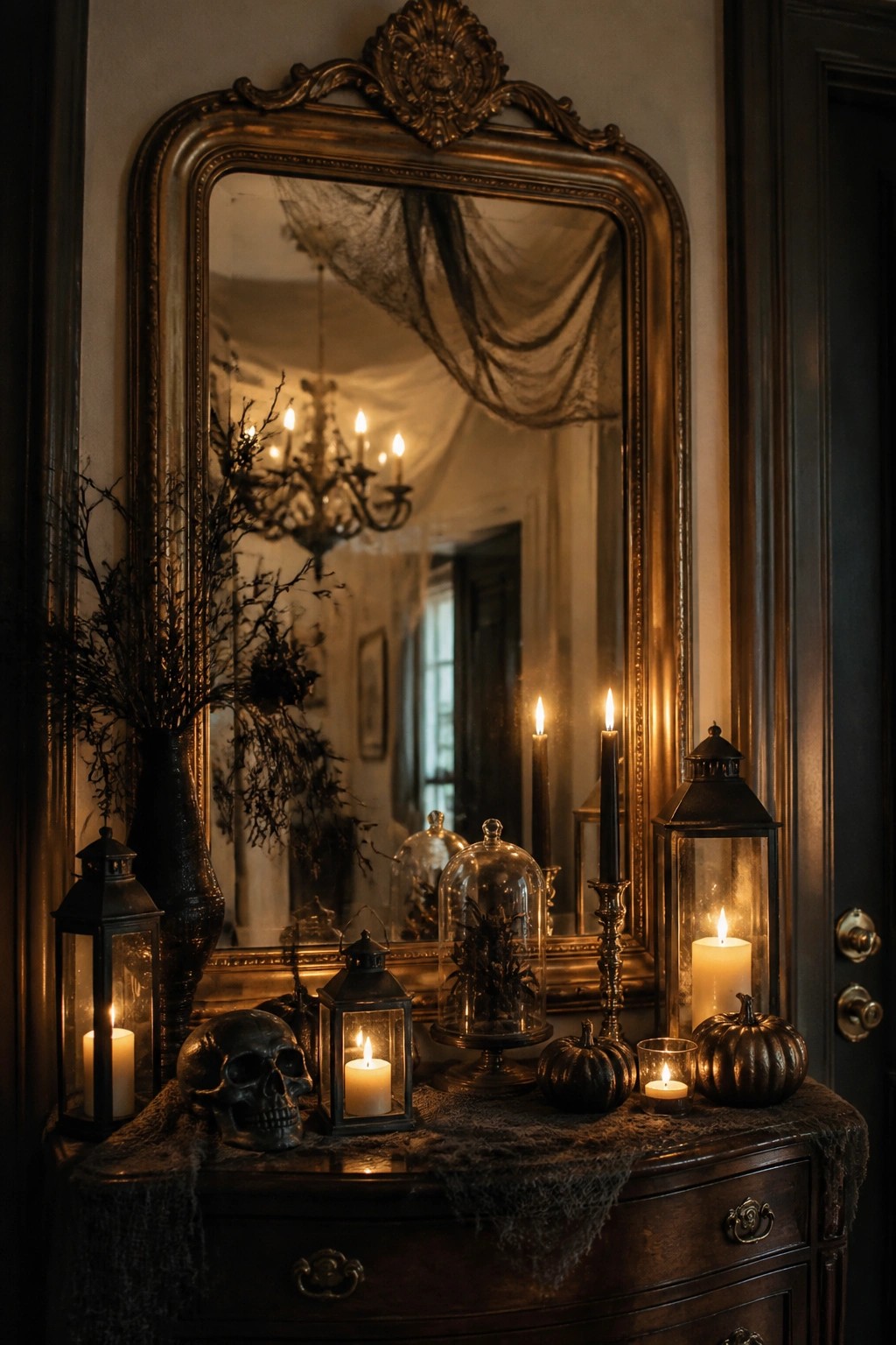 Dark wood console in an entryway styled with a skull, black candles in holders, lanterns, and small dark pumpkins in front of an ornate mirror.