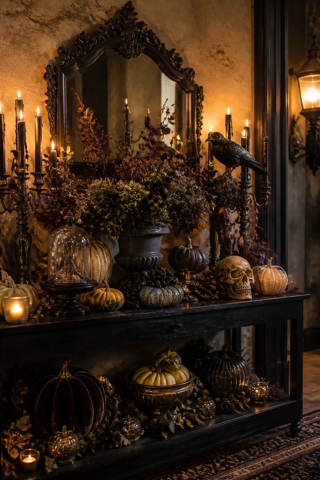 Gothic table with pumpkins, skull, crow, candles, and dried florals beneath ornate mirror