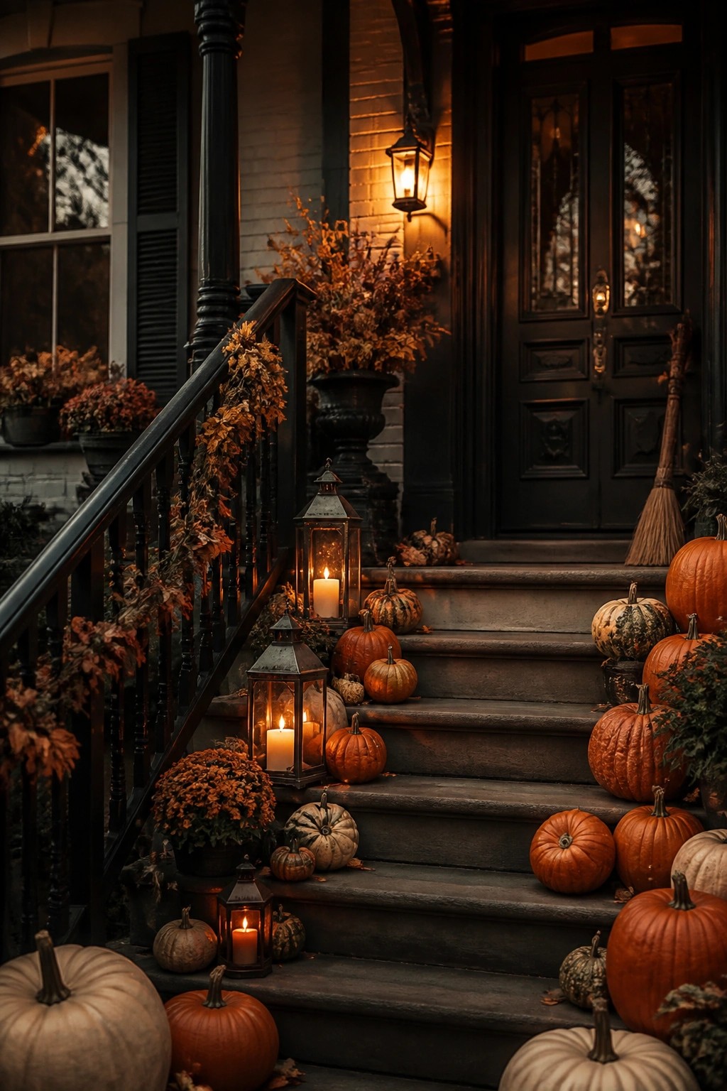 Front porch steps lined with orange and white pumpkins and several lit lanterns.