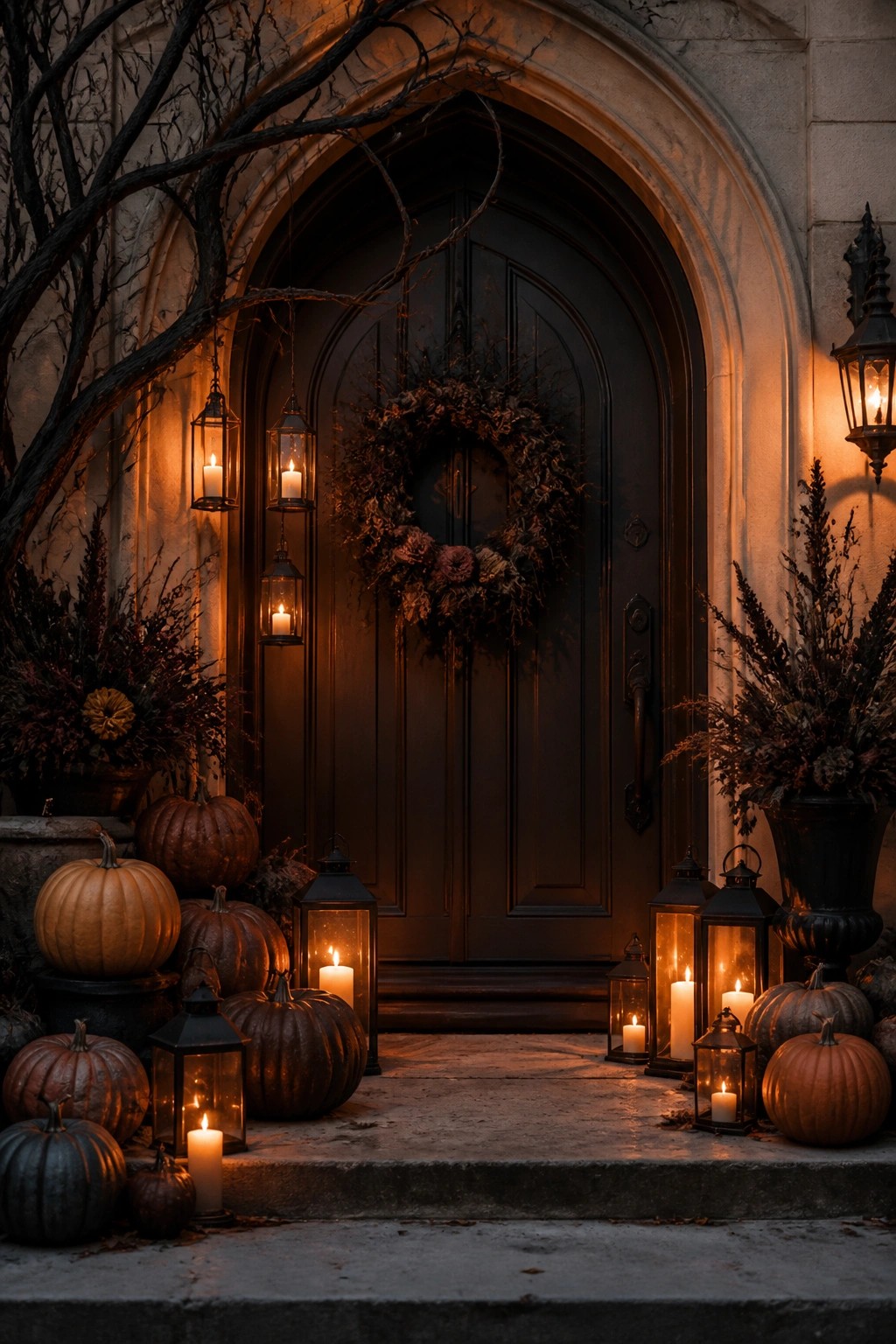 Dark arched door with wreath, glowing lanterns, and autumn pumpkins on stone steps