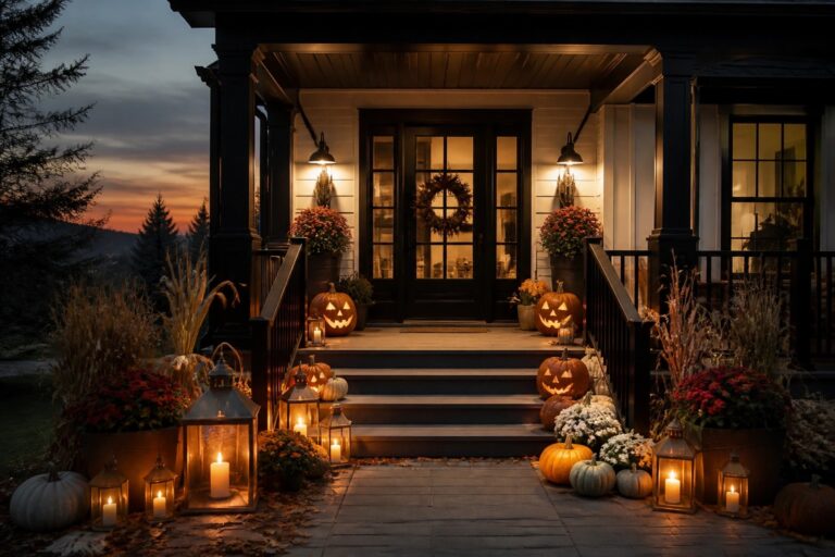 Front porch steps lined with orange pumpkins and glowing black lanterns, plus a wreath on the door.