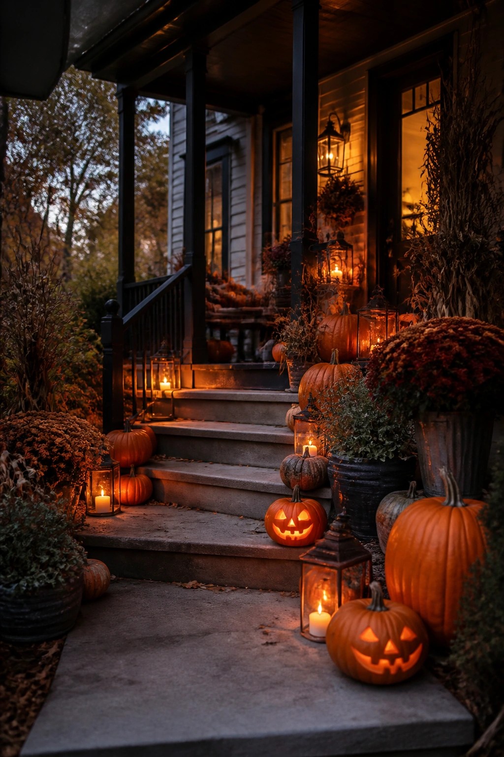 Front porch steps decorated with multiple glowing carved pumpkins and lanterns at night.