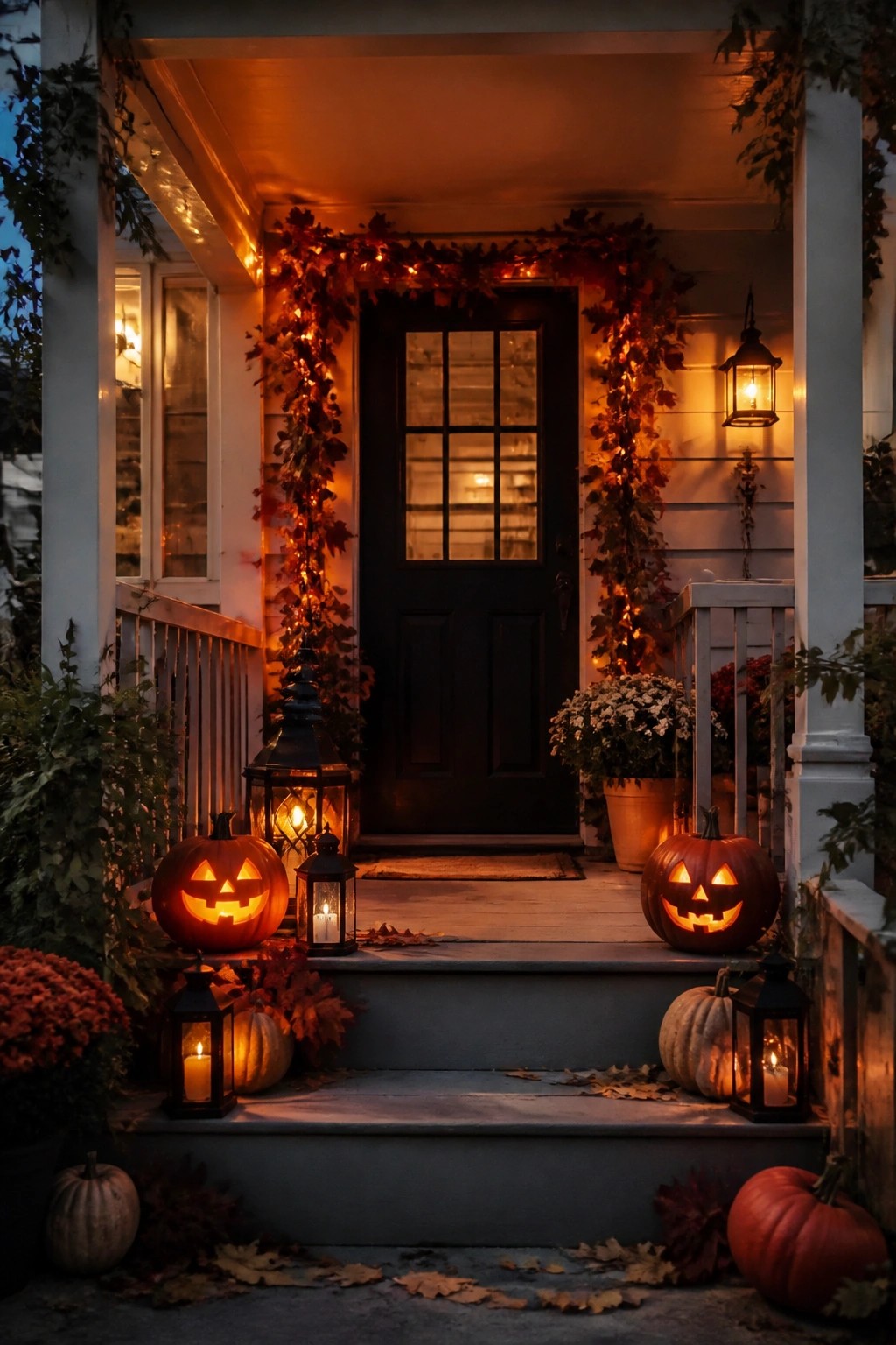 Front porch steps lined with carved jack-o'-lanterns and black lanterns, with autumn garland and string lights around the door.