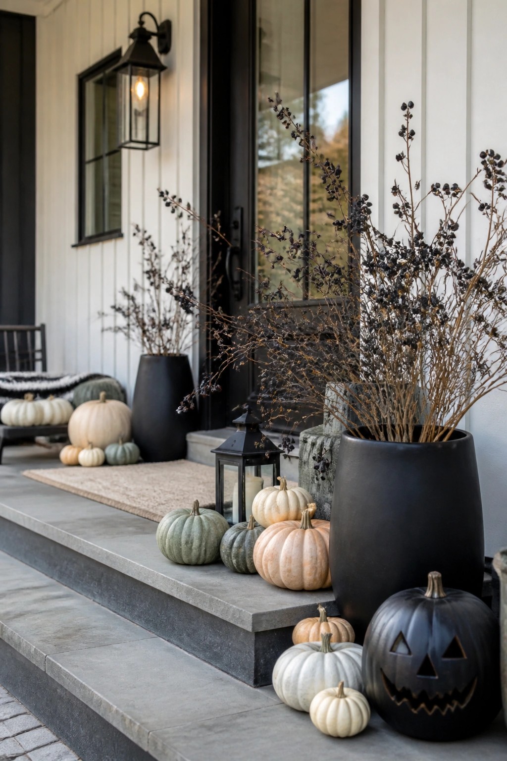 Autumn porch steps with pumpkins, black vases, dried branches, and a jack-o'-lantern.