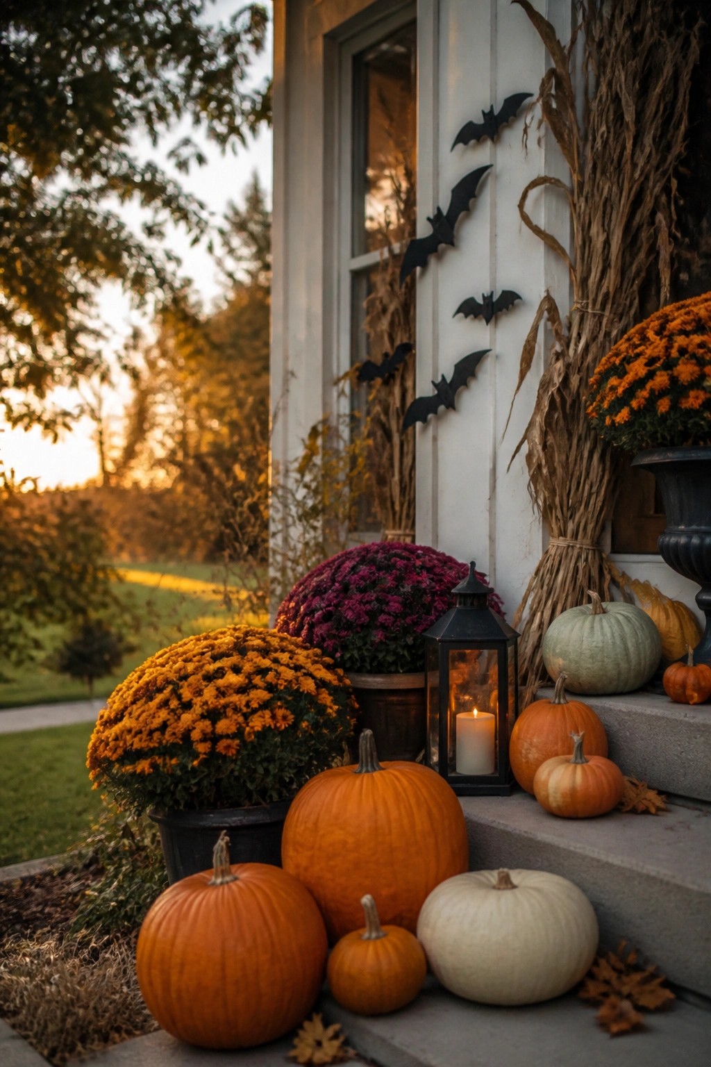 Front porch steps lined with orange and white pumpkins, a lit black lantern, and black bat cutouts attached to the white siding beside the door.