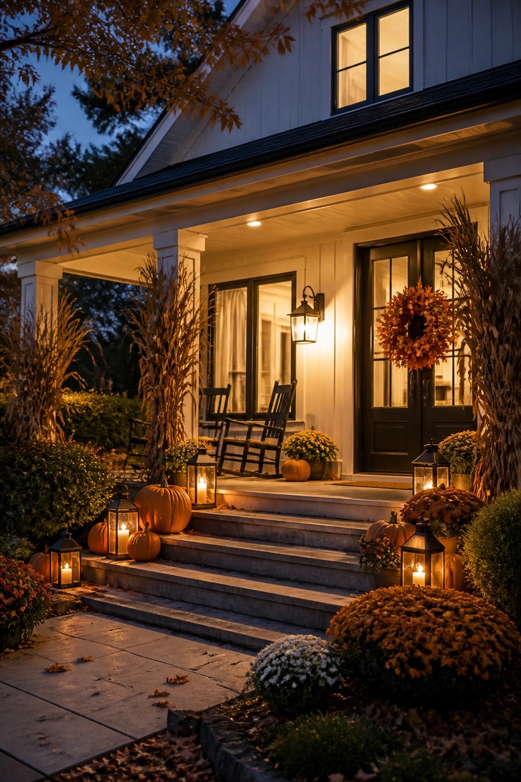 Front porch steps lined with orange pumpkins and glowing black lanterns, plus a wreath on the door.