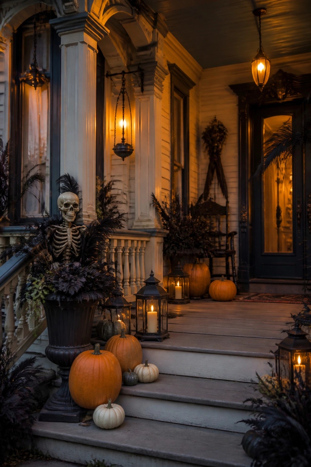Skeleton amid pumpkins and glowing lanterns on dimly lit Halloween porch steps