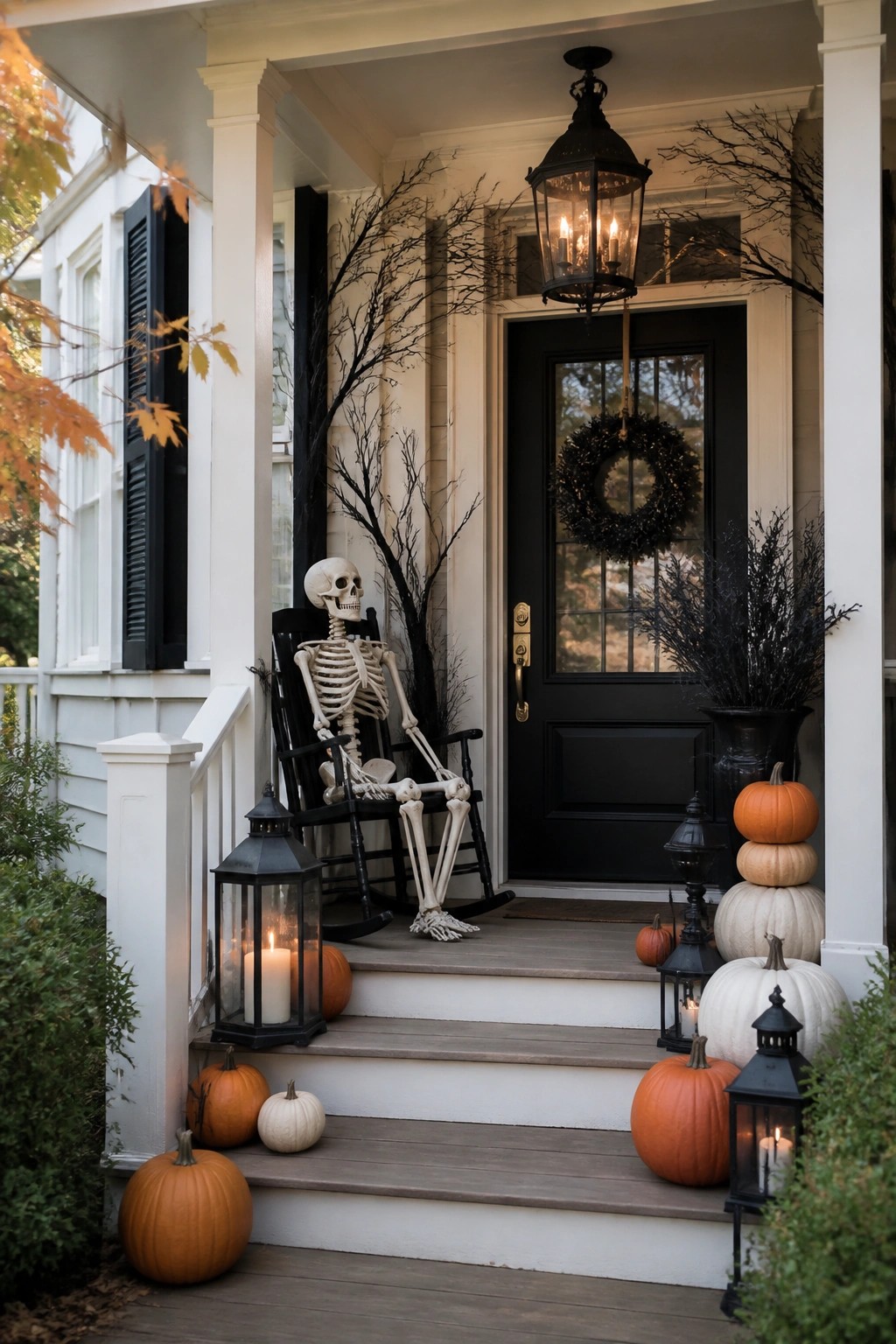 Skeleton in rocking chair on porch with pumpkins, lanterns, and bare branches.