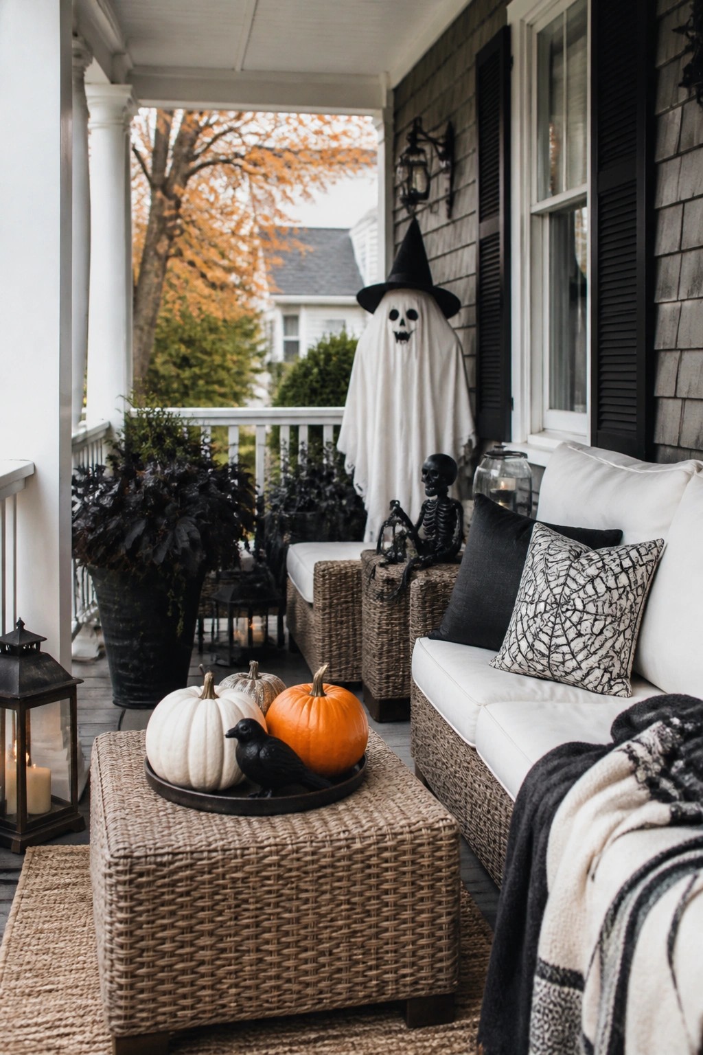 Front porch decorated with a tall ghost figure wearing a witch hat, plus small skeletons, pumpkins on a tray, and black and white pillows on outdoor seating.