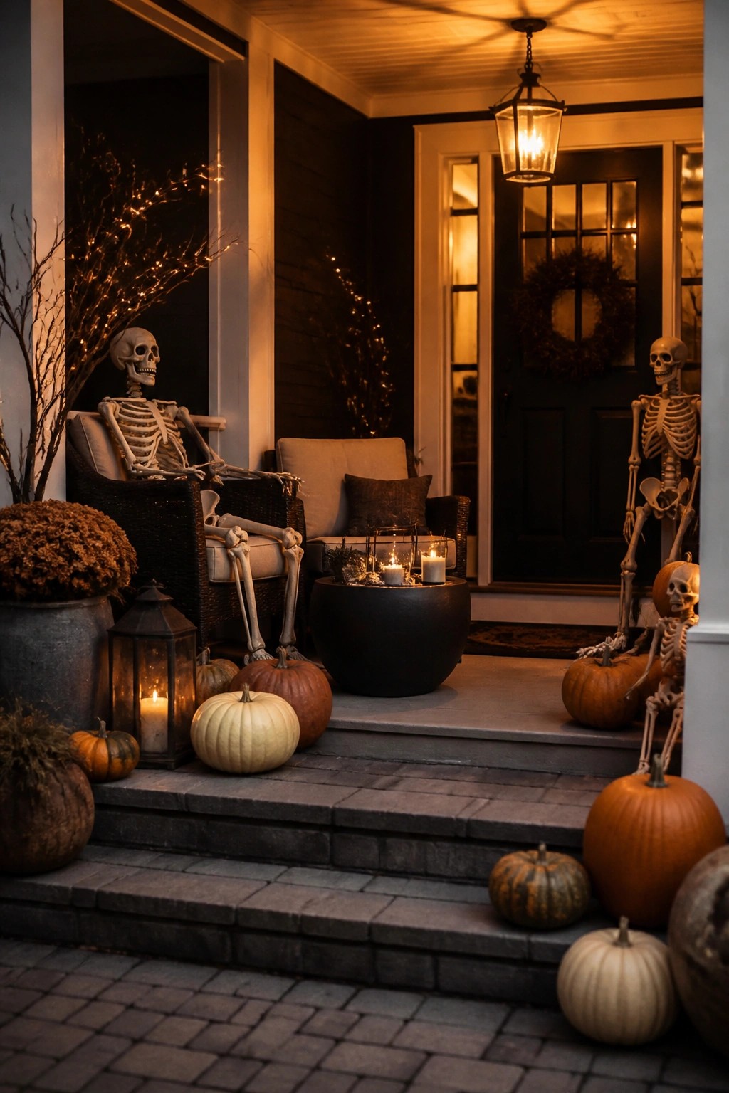 Front porch with multiple decorative skeletons posed in chairs and standing among pumpkins, lanterns, and string lights.