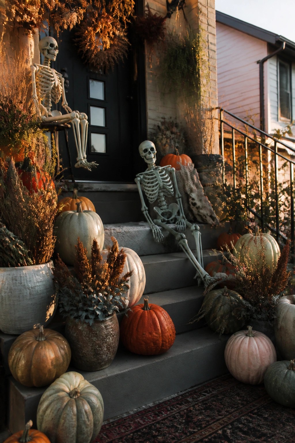Front porch steps decorated with two life-size skeletons posed in sitting positions and surrounded by pumpkins of different colors.