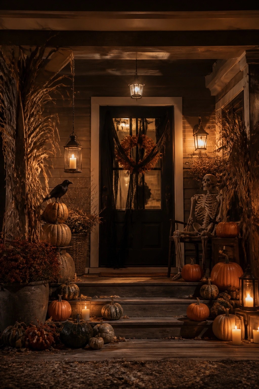 Front porch decorated with a skeleton seated in a chair, pumpkins on the steps, and a black wreath on the door.