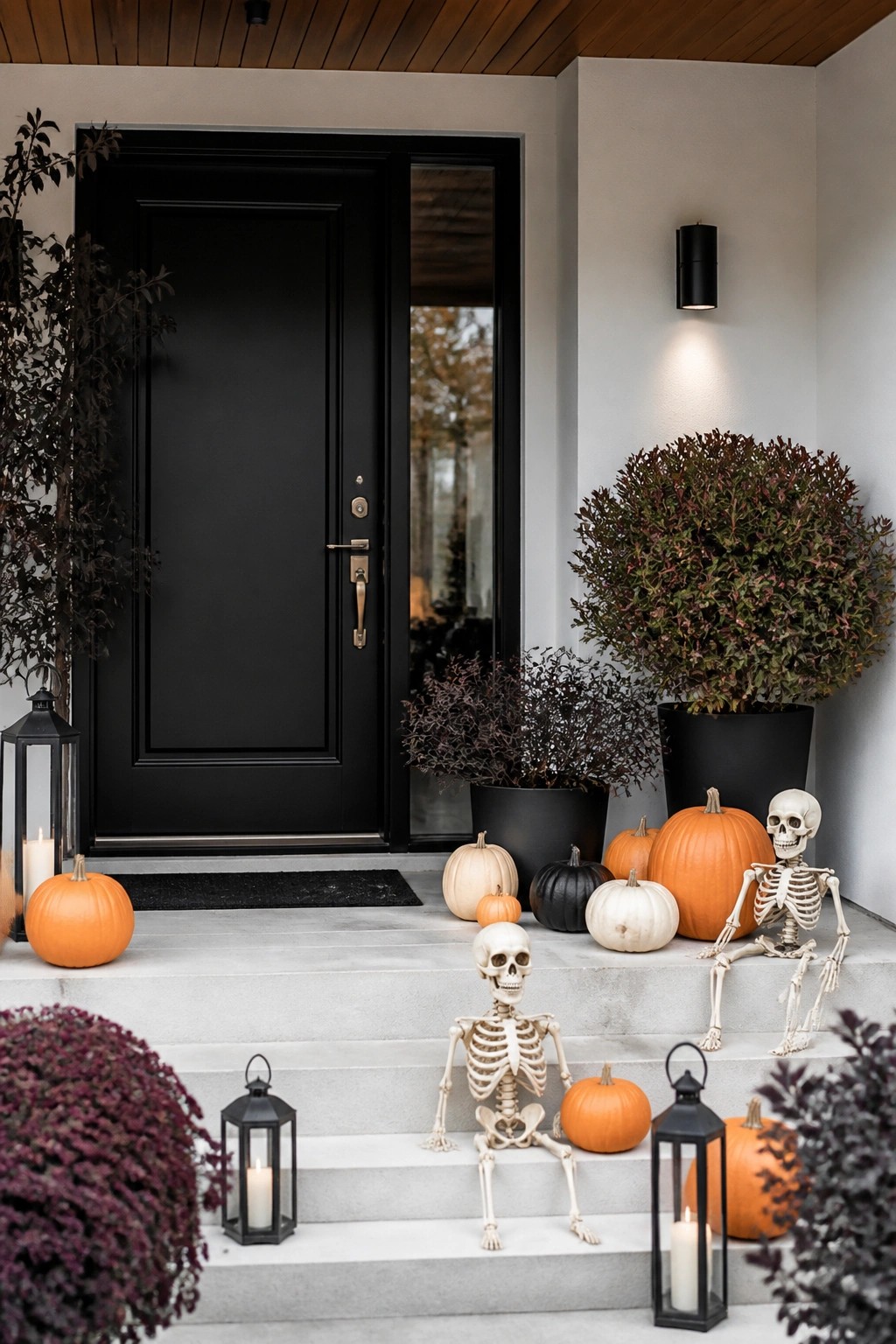 Front porch steps decorated with two seated skeletons, orange and white pumpkins, and black lanterns beside a black door.