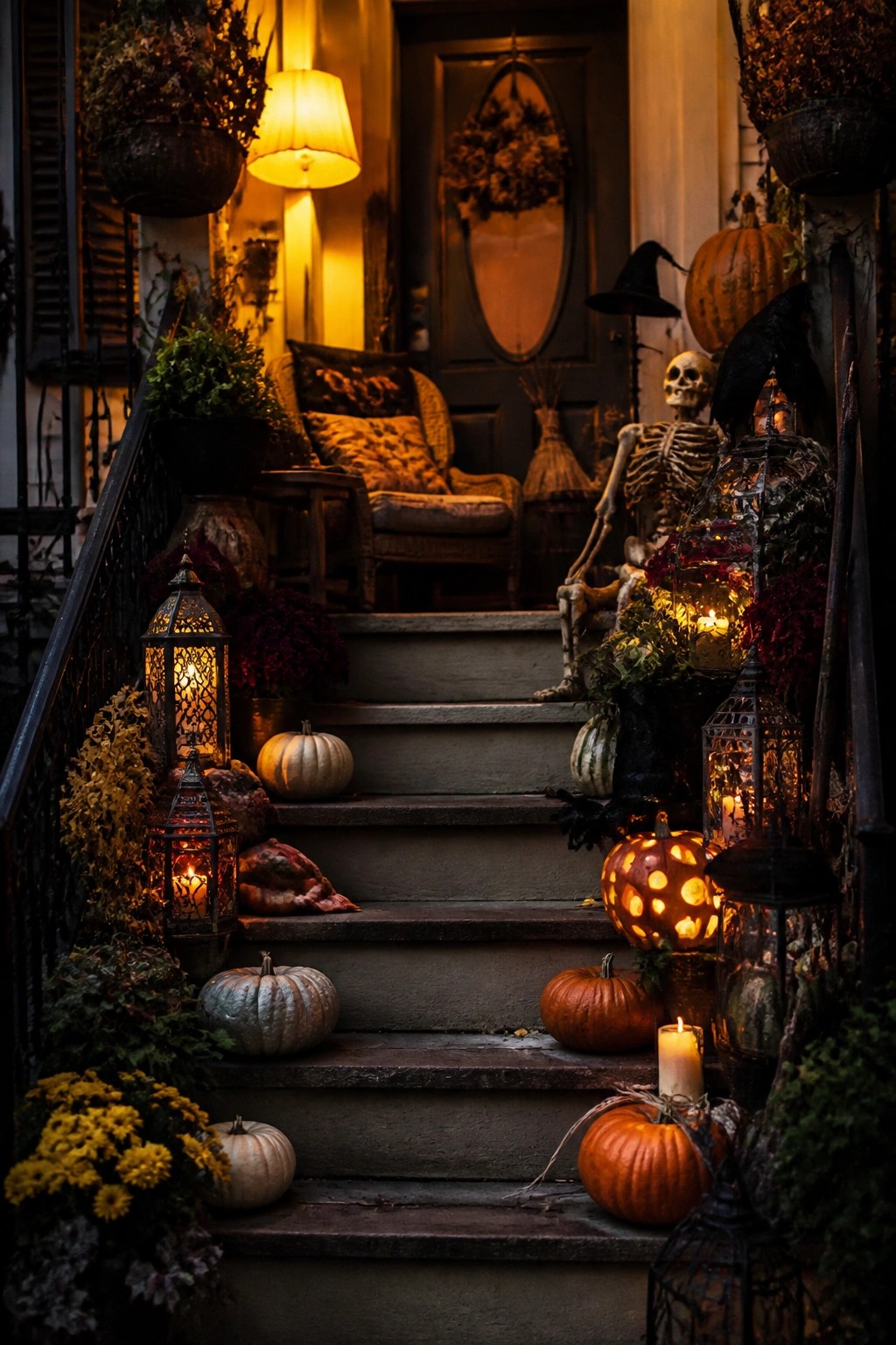 Front porch steps decorated with a skeleton, carved jack-o'-lanterns, lanterns, and pumpkins.